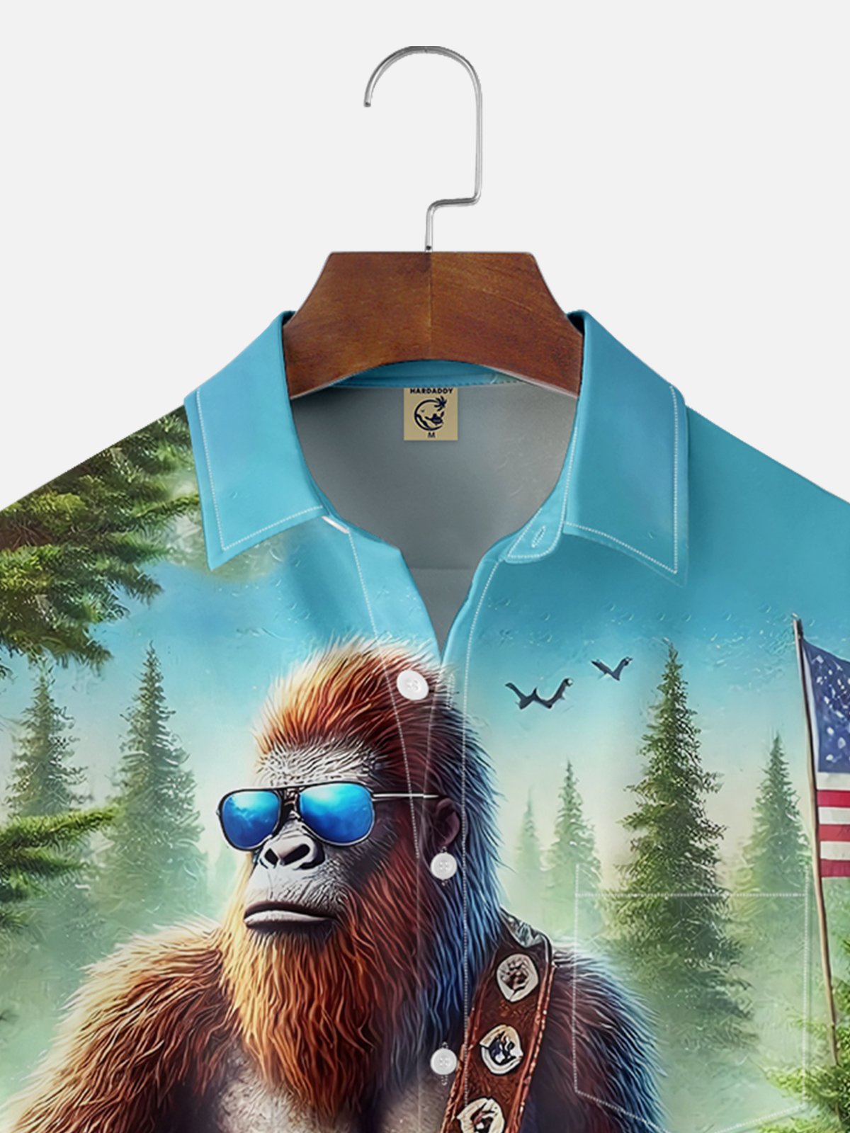Tall Size Moisture-wicking American Flag Bigfoot Guitar Rock Chest Pocket Hawaiian Shirt