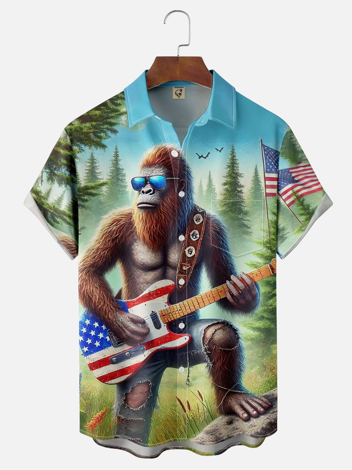 Tall Size Moisture-wicking American Flag Bigfoot Guitar Rock Chest Pocket Hawaiian Shirt