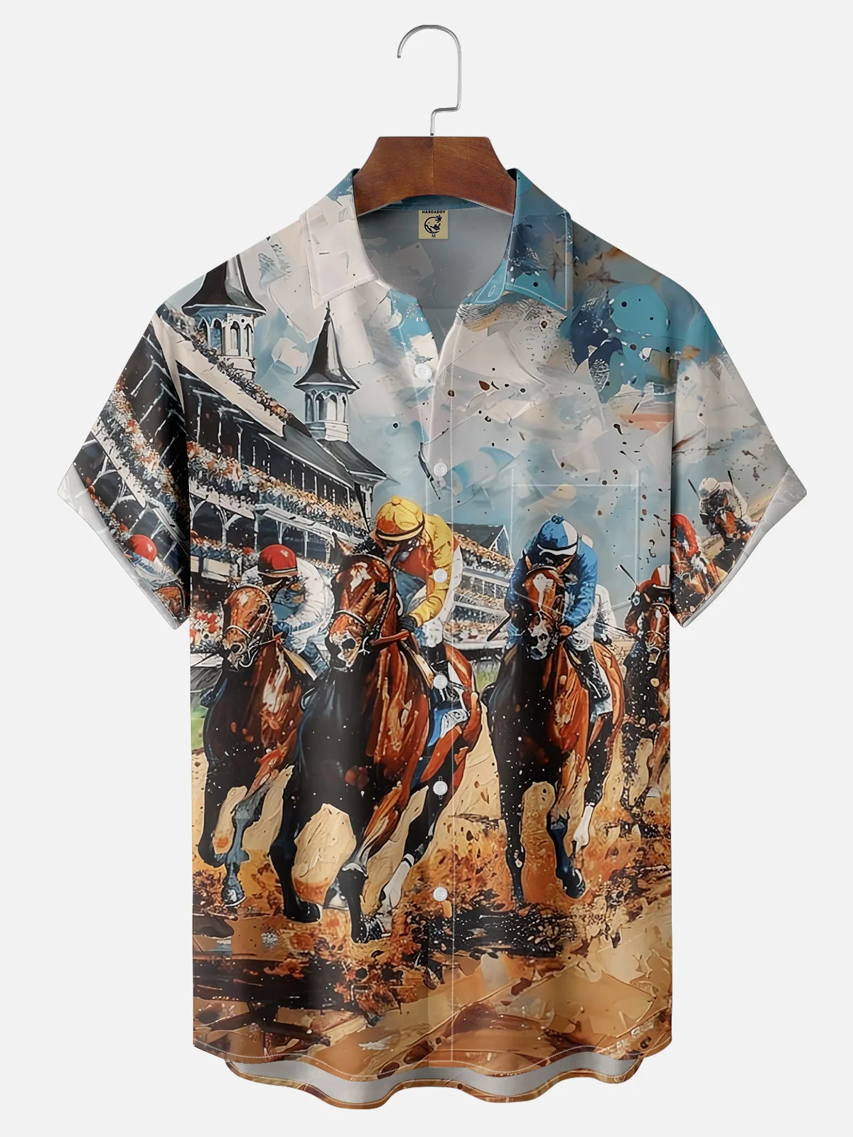 Tall Size Moisture-wicking Horse Racing Festival Art Oil Painting Chest Pocket Casual Shirt