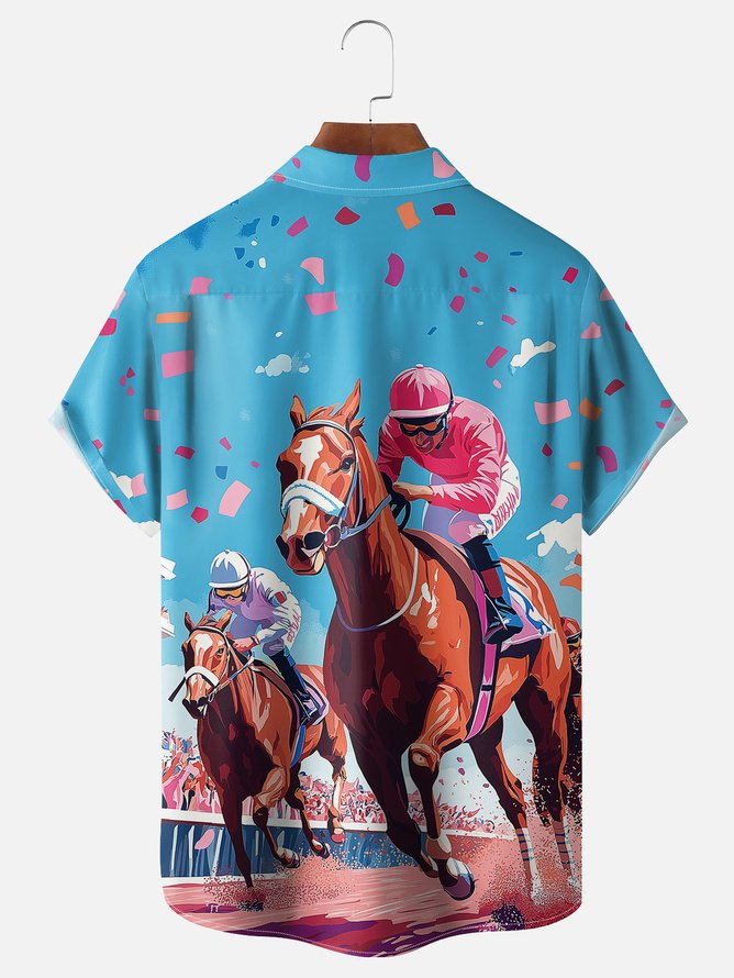 Tall Size Moisture-wicking Kentucky Derby Race Day Horse Chest Pocket Casual Shirt