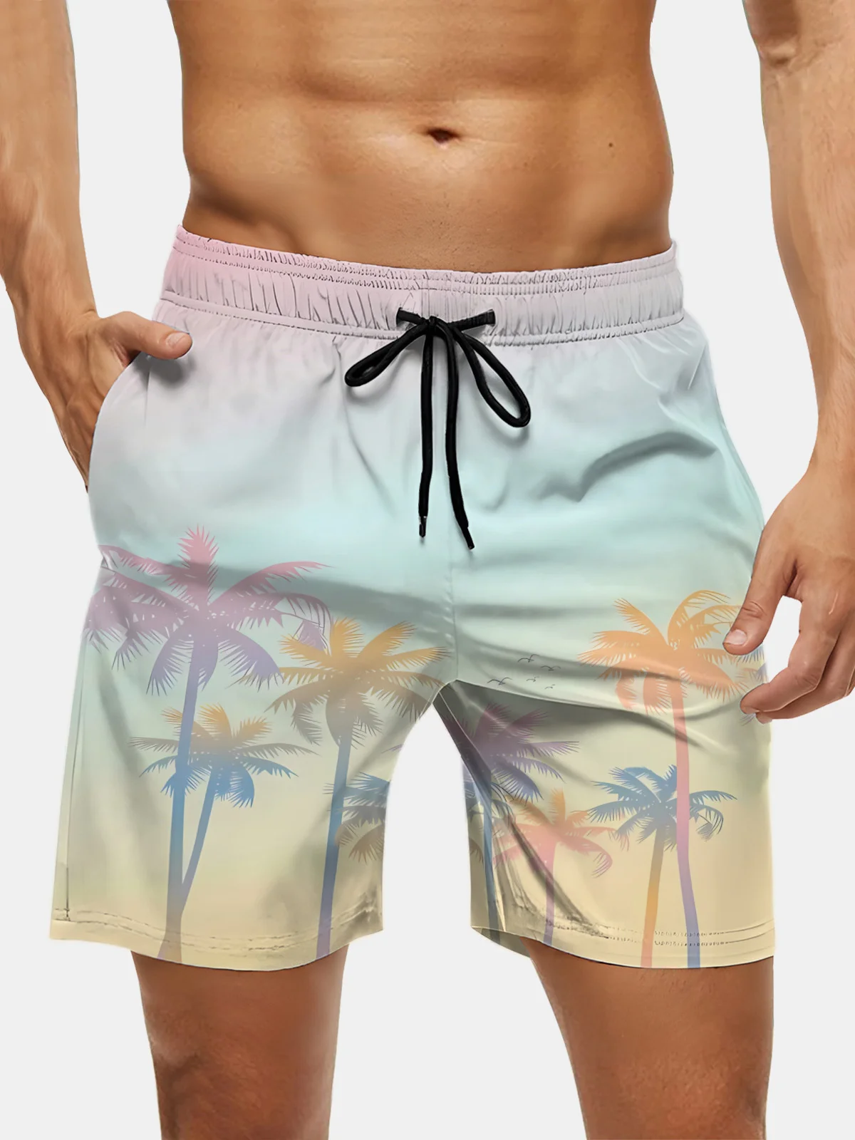Men's Swim Trunks Hawaiian Tropical Palm Tree Beach Shorts with Pockets
