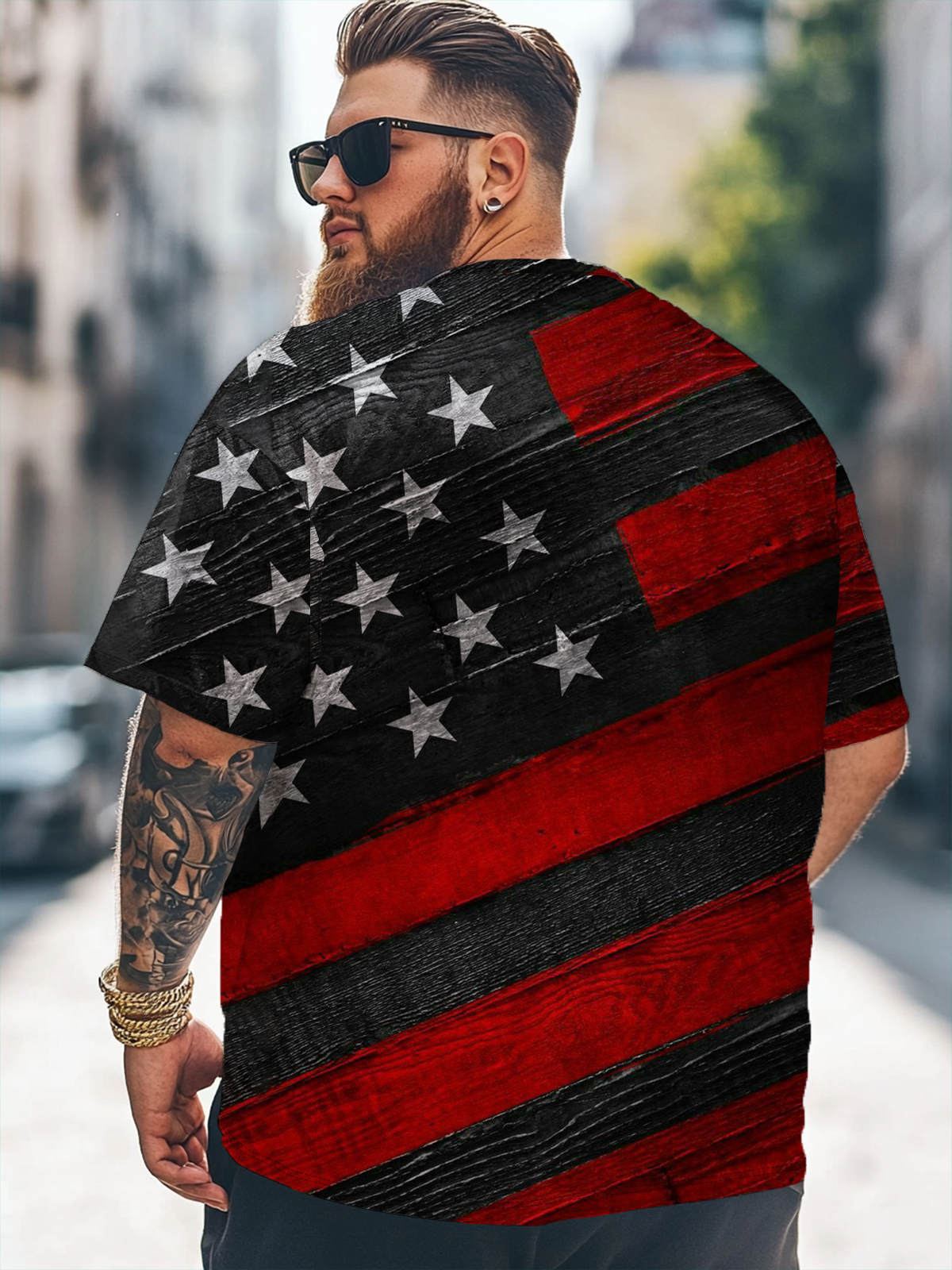 Big Size Men's American Flag Art Independence Day Black and Red Loose T-shirt