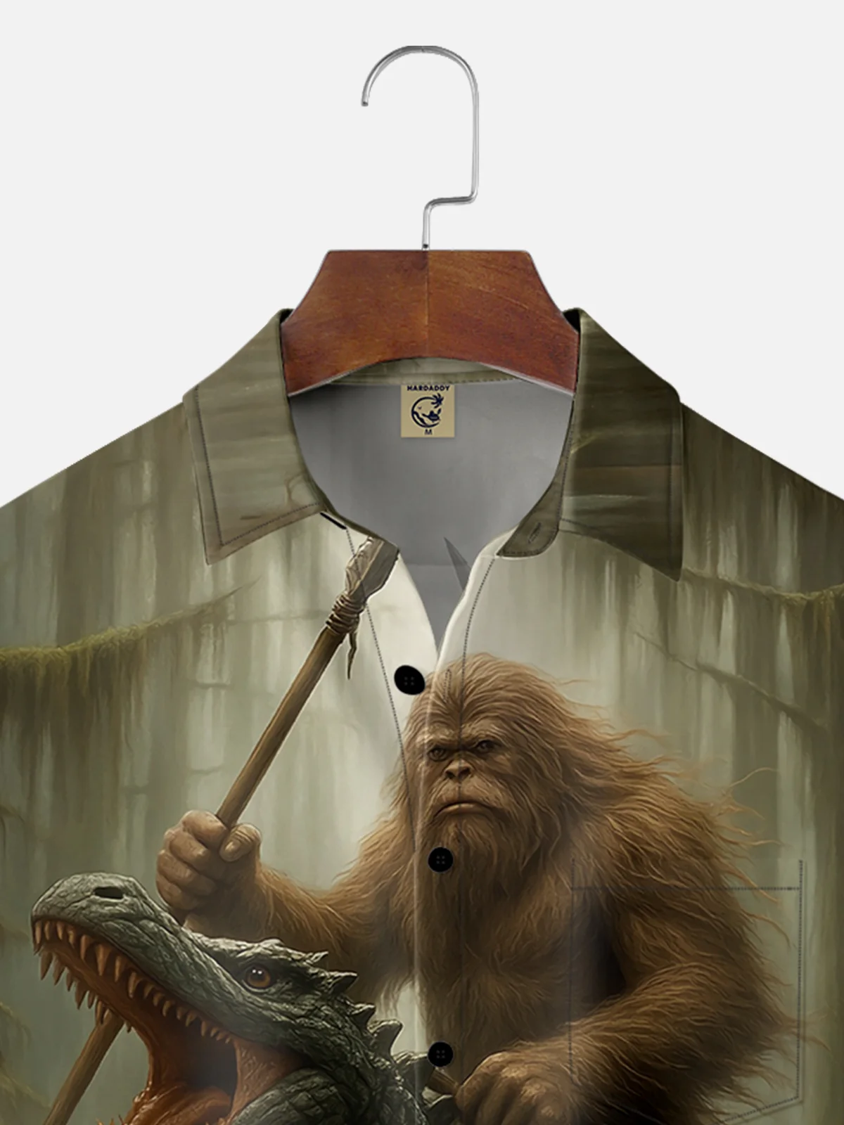 Moisture-wicking Bigfoot vs. Godzilla Chest Pocket Hawaiian Shirt