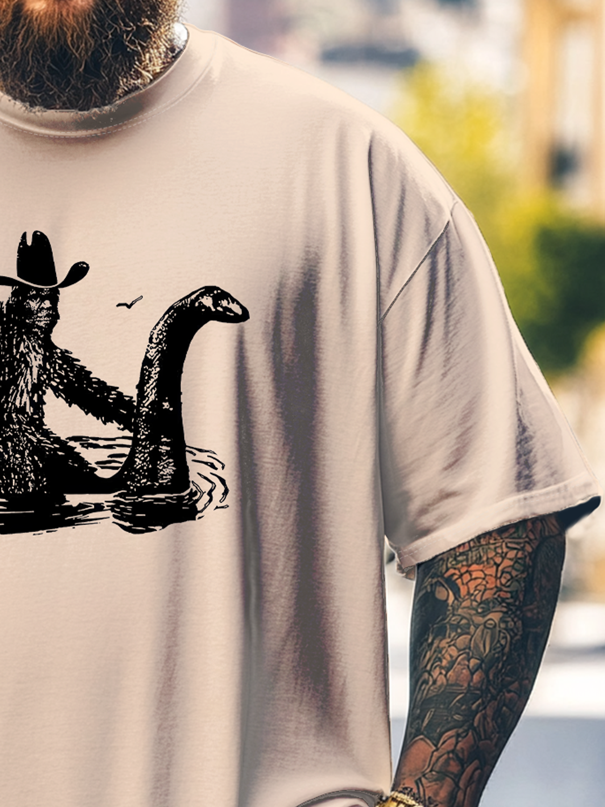 Big Size Men's Bigfoot and Loch Ness Monster Loose T-shirt