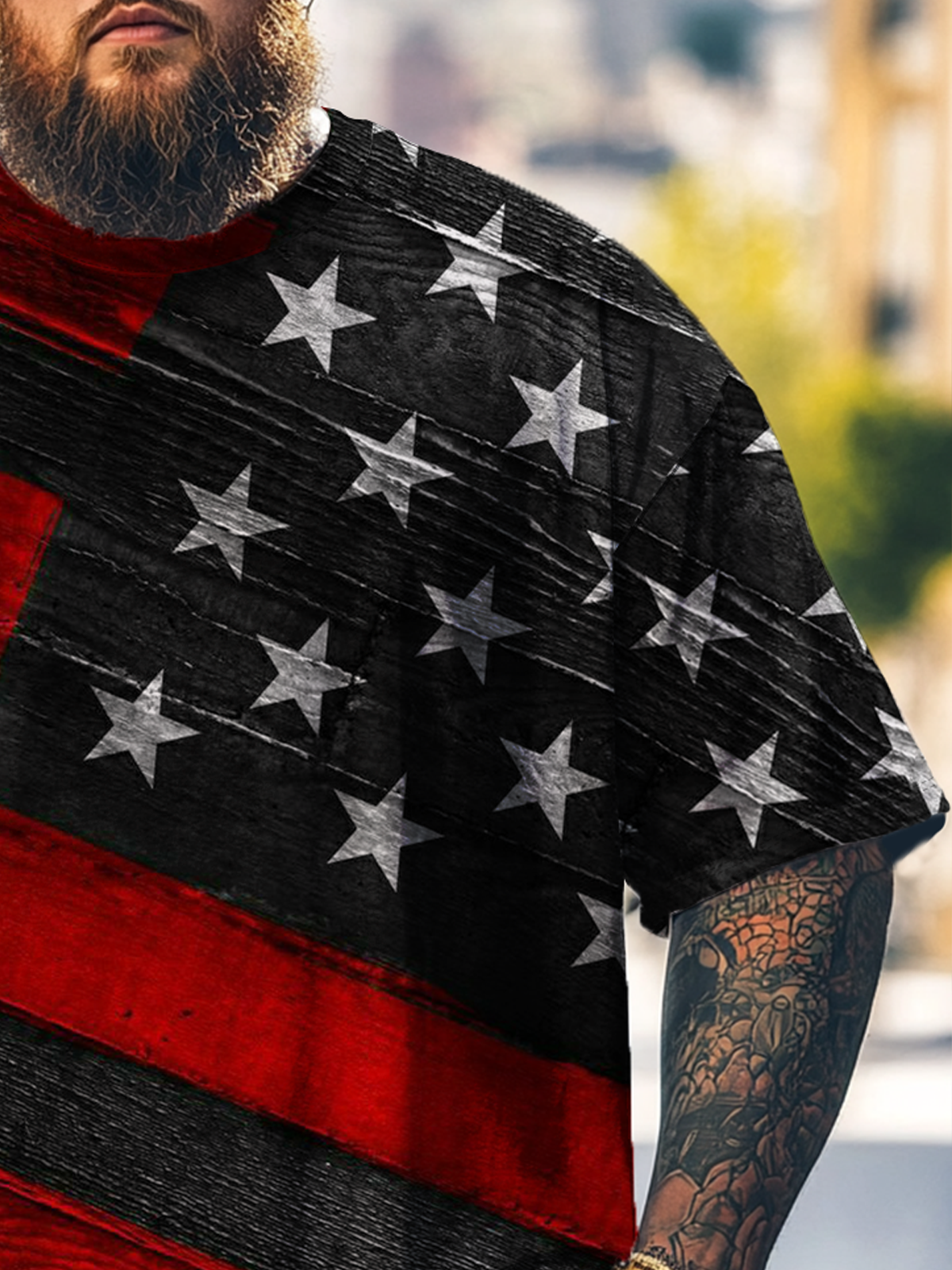 Big Size Men's American Flag Art Independence Day Black and Red Loose T-shirt