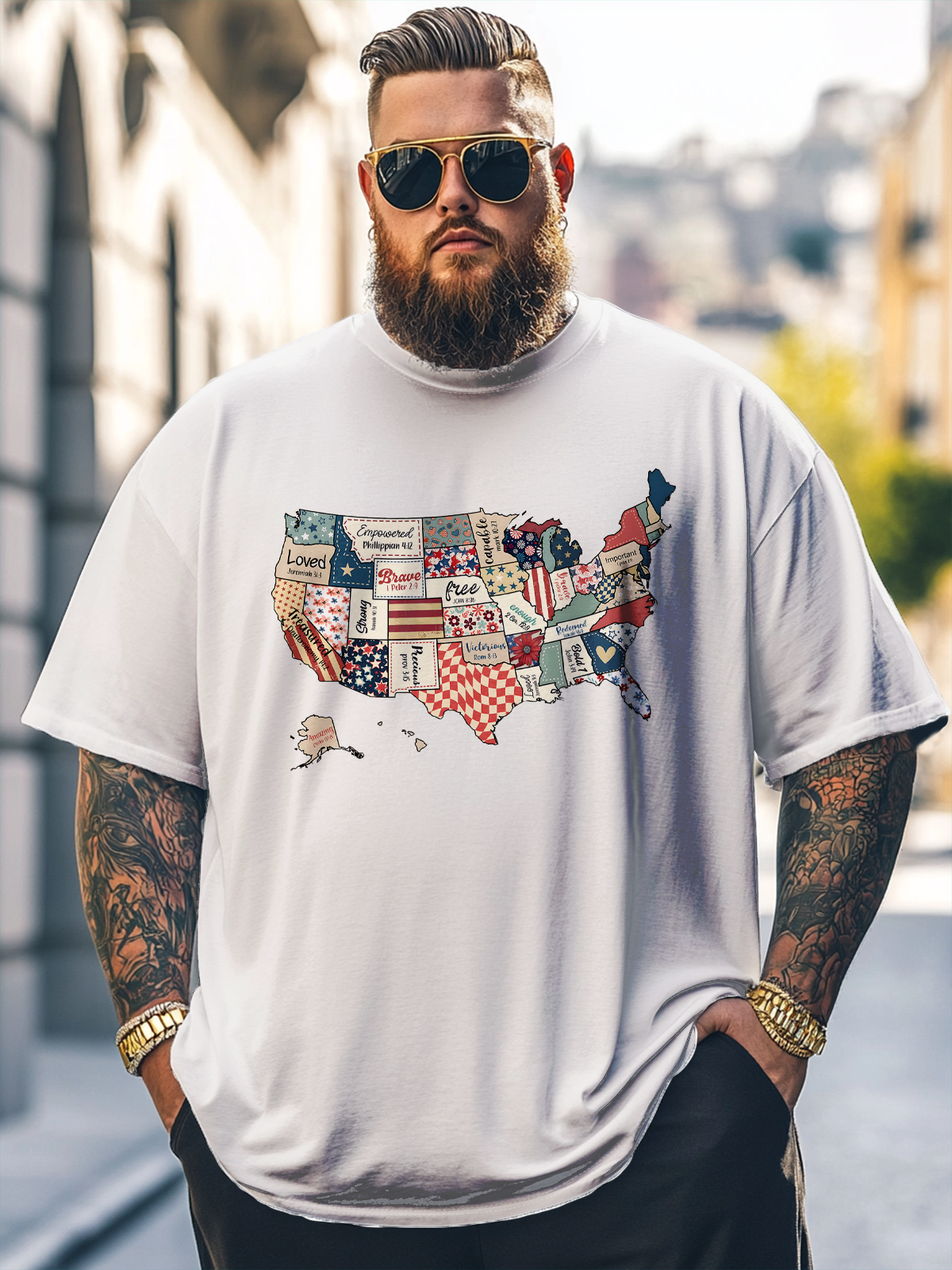 Big Size Men's USA Map Art Independence Day Loose T-shirt