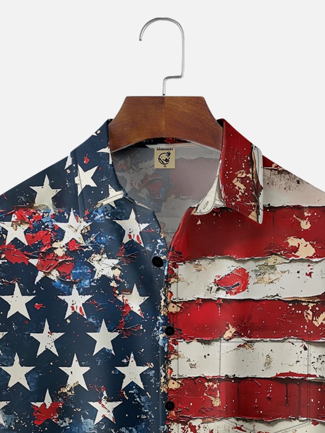 Tall Size Moisture-wicking American Flag Chest Pocket Casual Shirt