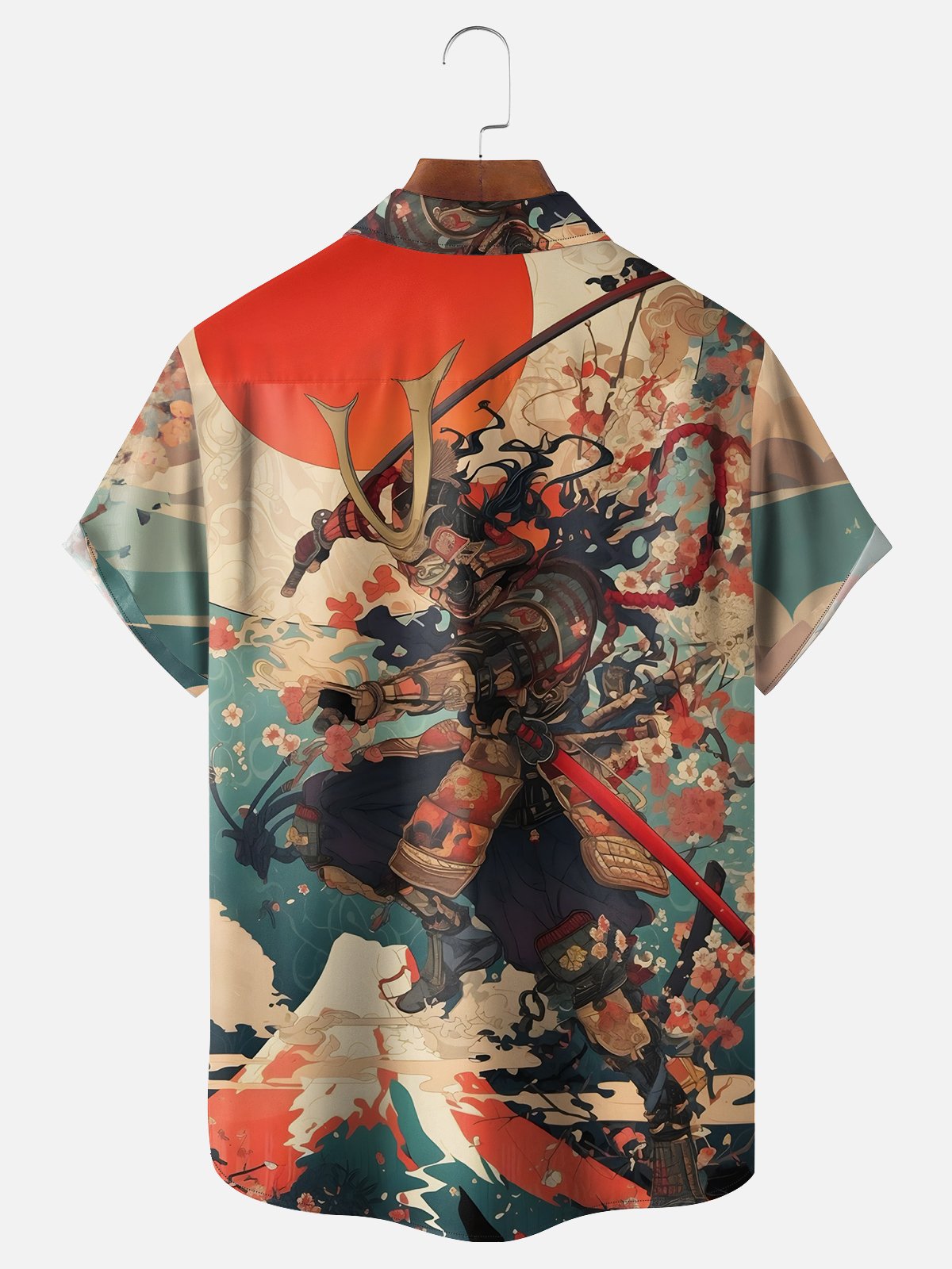 Moisture-wicking Samurai Mount Fuji Ukiyoe Chest Pocket Casual Shirt