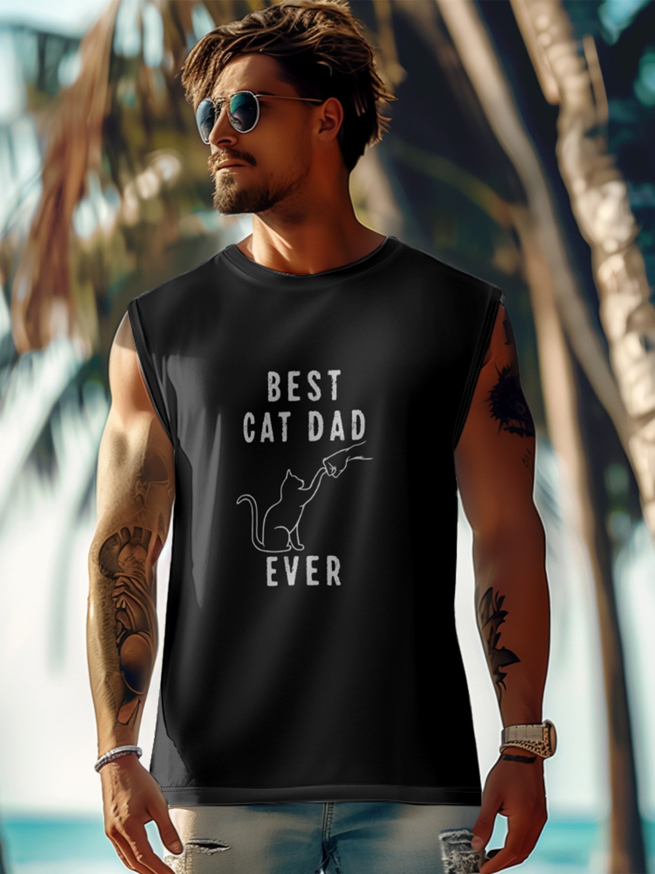 Mens Crewneck Tank Tops Father‘s Day Cat Dad Beach Sleeveless Shirt