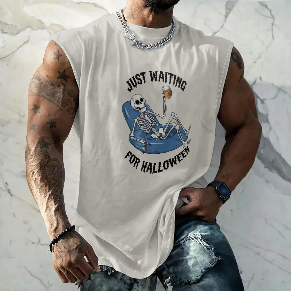 Mens Crewneck Tank Tops Halloween Skull Beach Sleeveless Shirt