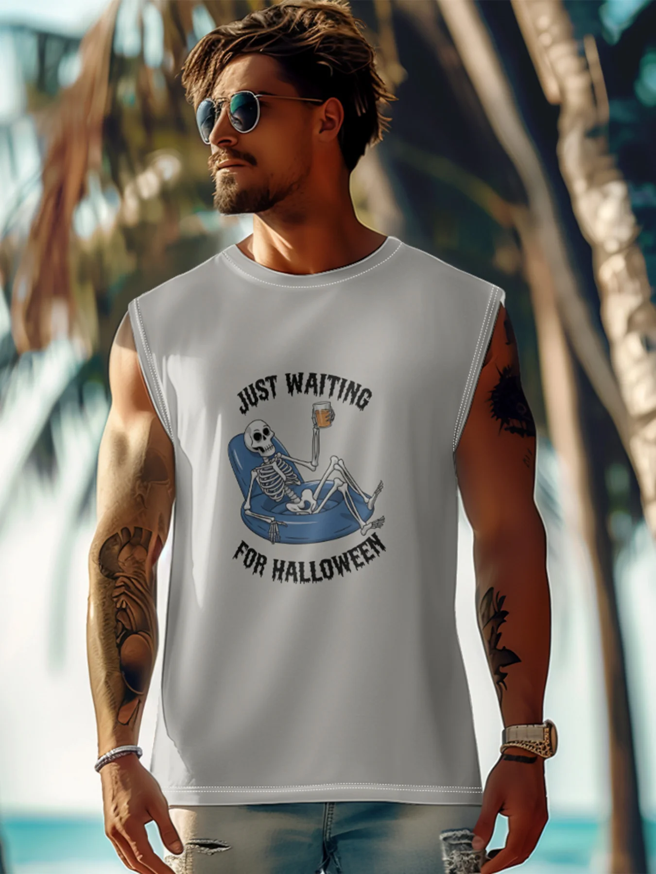 Mens Crewneck Tank Tops Halloween Skull Beach Sleeveless Shirt