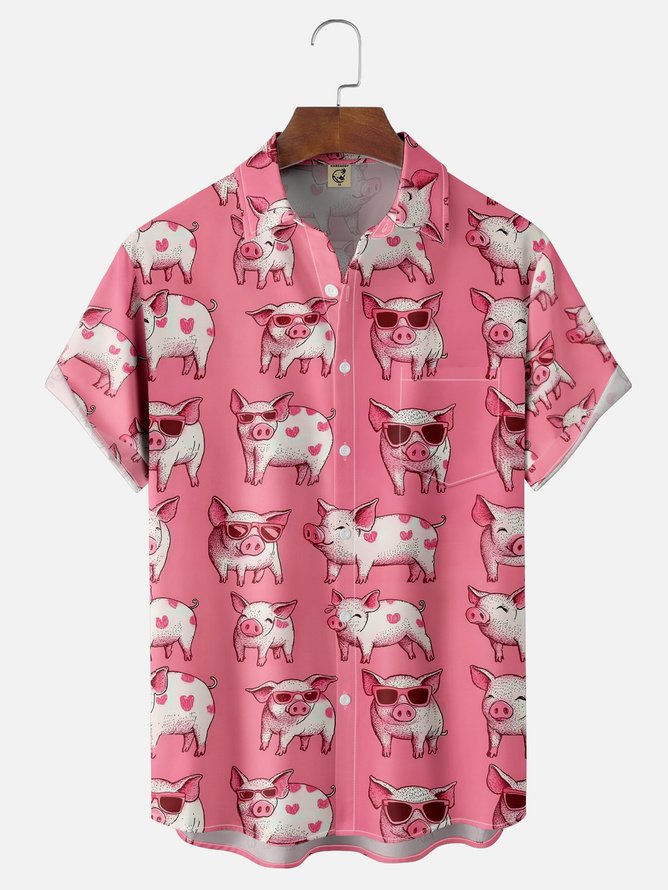 Tall Size Moisture-wicking Fly Pigs Chest Pocket Casual Shirt