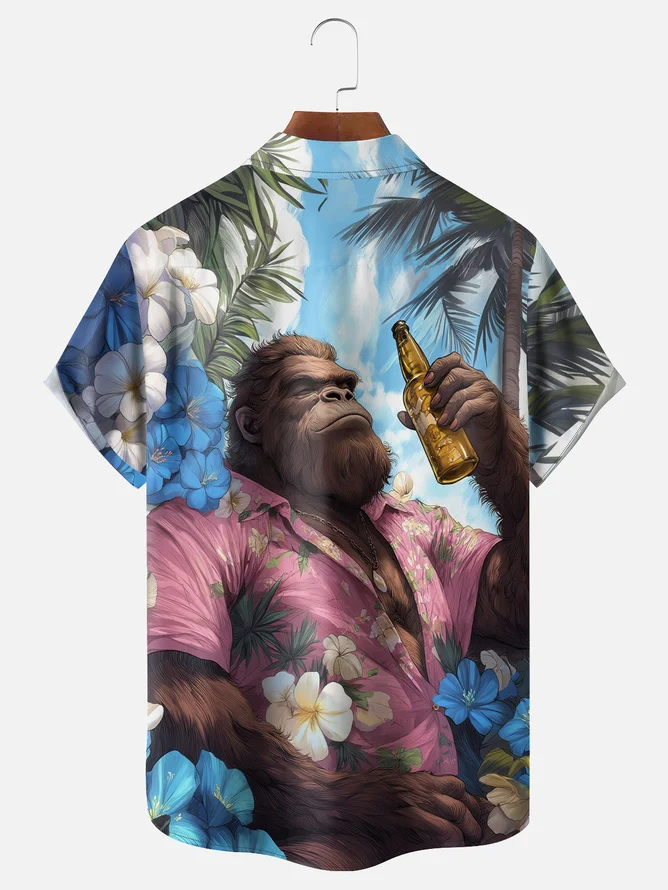 Tall Size Moisture-wicking Tropical Chimpanzees Chest Pocket Hawaiian Shirt