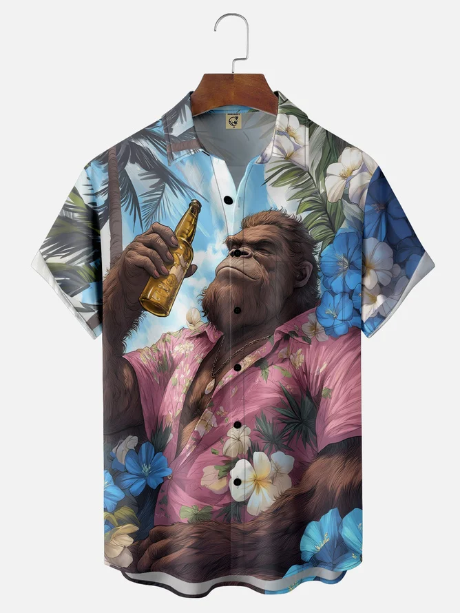 Tall Size Moisture-wicking Tropical Chimpanzees Chest Pocket Hawaiian Shirt