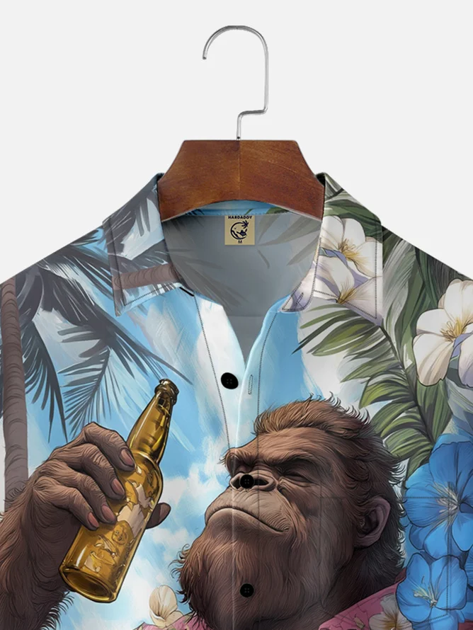 Tall Size Moisture-wicking Tropical Chimpanzees Chest Pocket Hawaiian Shirt