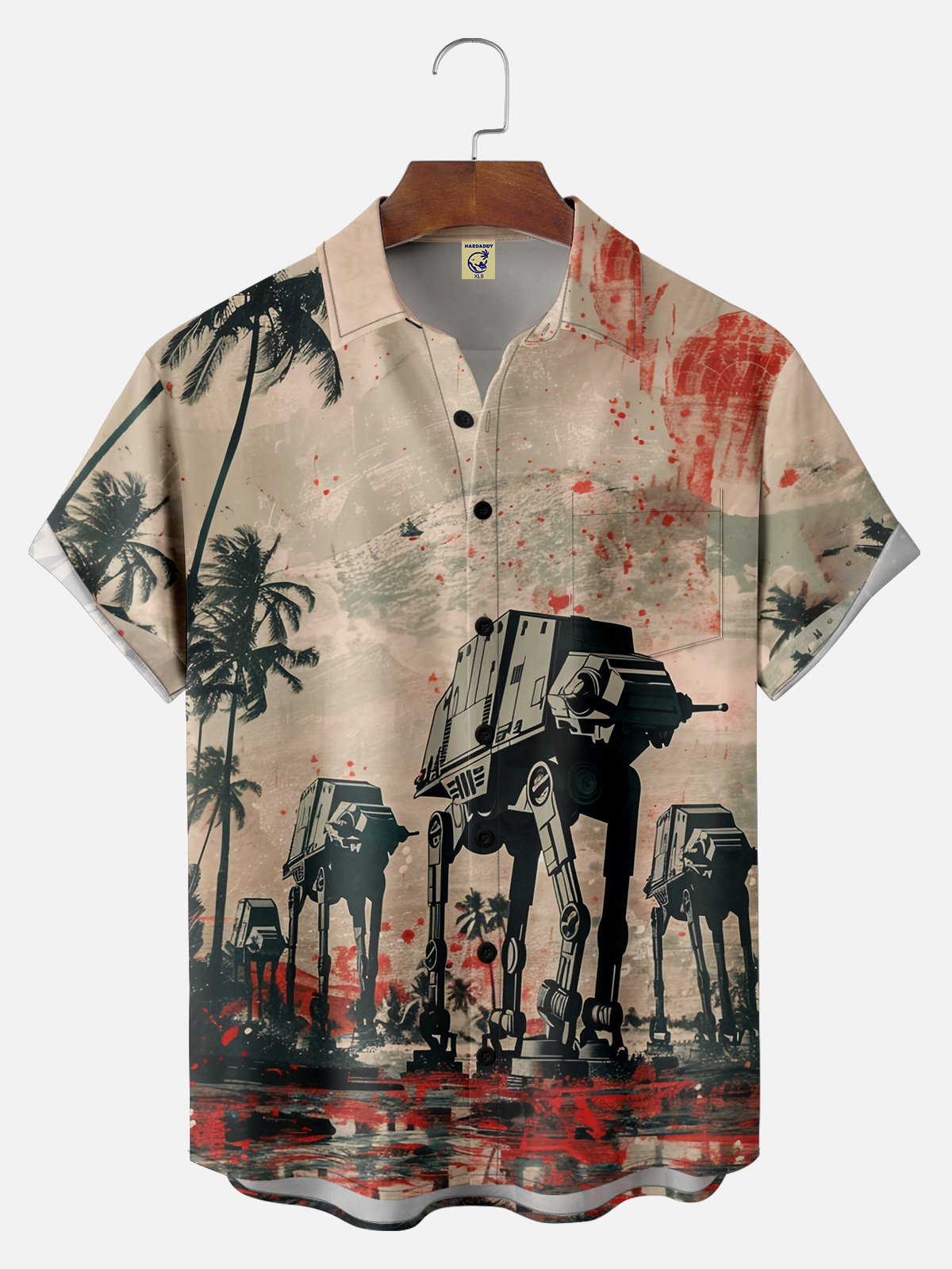 Big Size Moisture-wicking Star Robot Chest Pocket Hawaiian Shirt