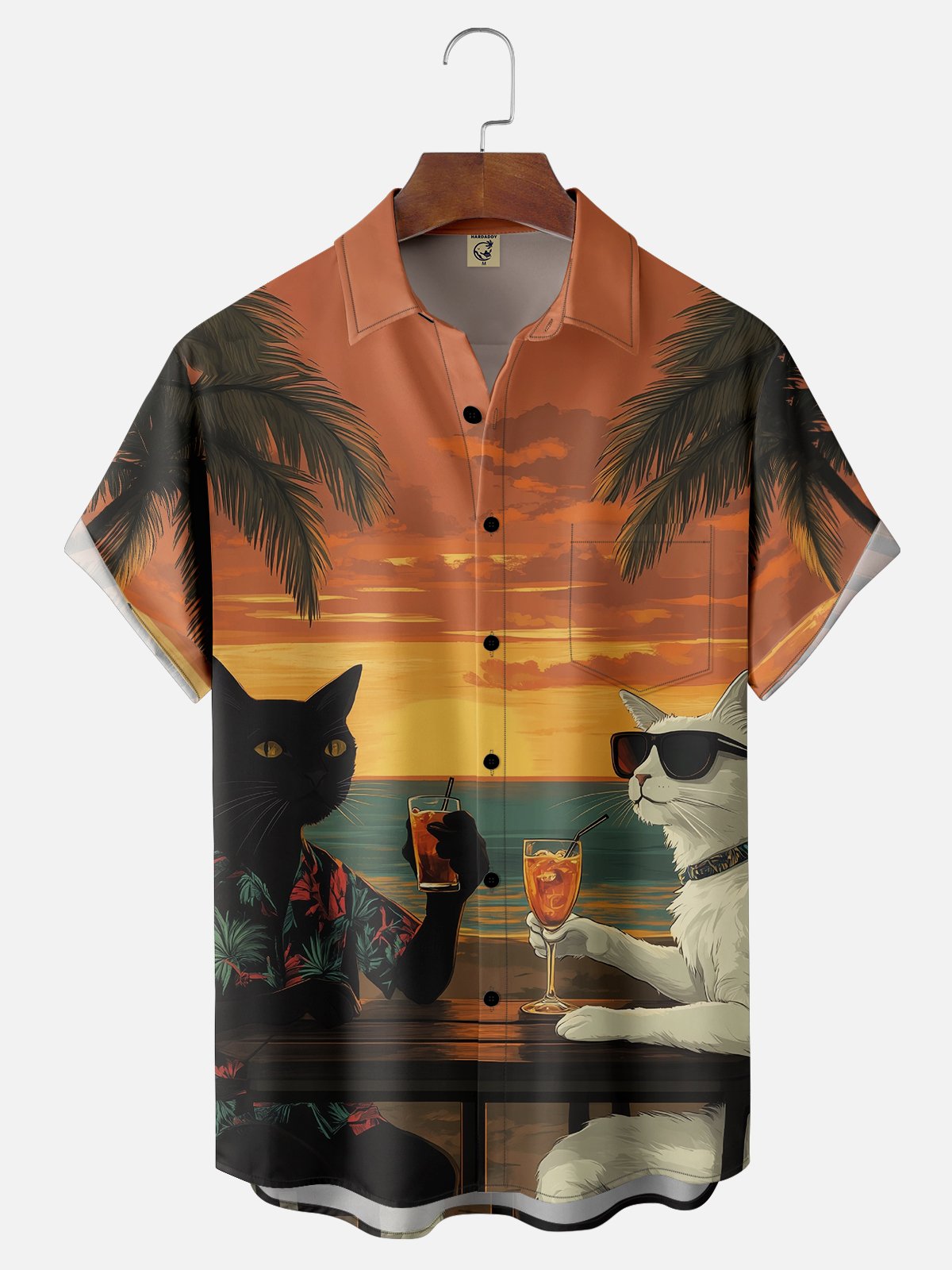 Moisture Wicking Holiday Black and White Cat Chest Pocket Hawaiian Shirt