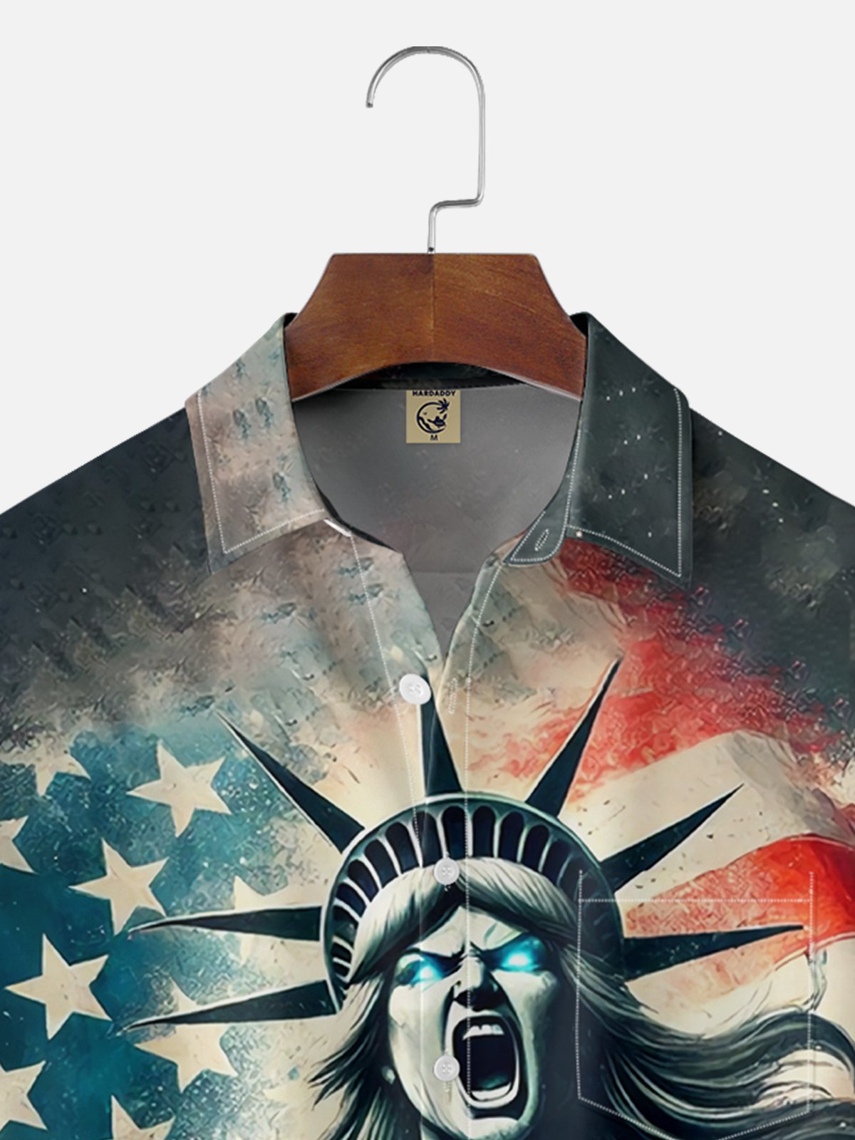 Moisture Wicking American Flag Statue of Liberty Chest Pocket Hawaiian Shirt