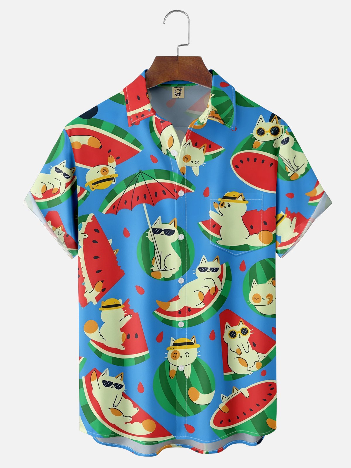 Moisture-wicking Watermelon Cat Chest Pocket Hawaiian Shirt
