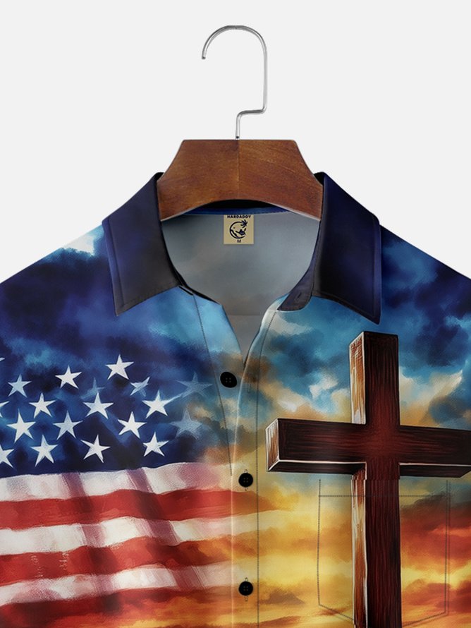Tall Size Moisture-wicking American Flag Cross National Patriotic Chest Pocket Casual Shirt