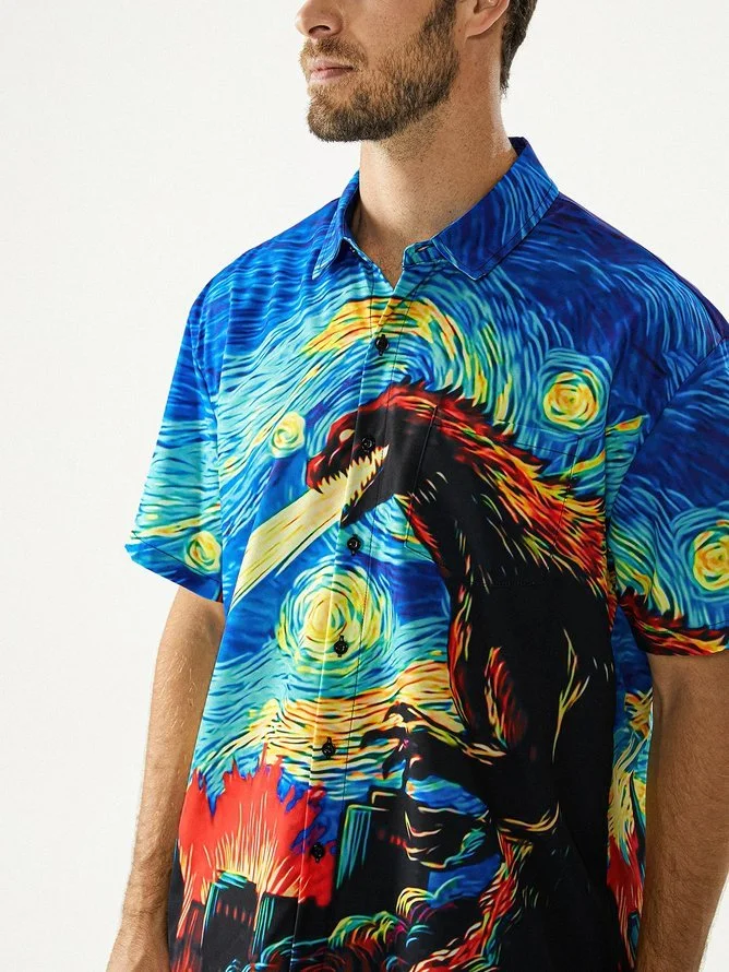 Tall Size Moisture-wicking Movie Monster Chest Pocket Short Sleeve Casual Shirt