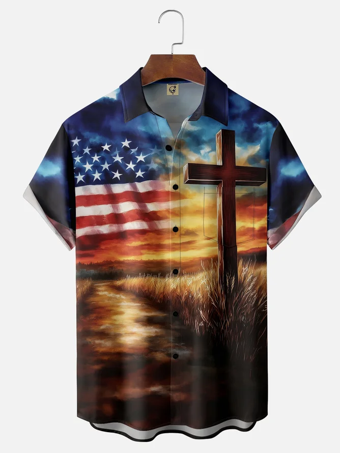 Tall Size Moisture-wicking American Flag Cross National Patriotic Chest Pocket Casual Shirt
