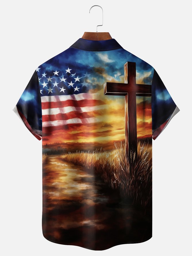 Tall Size Moisture-wicking American Flag Cross National Patriotic Chest Pocket Casual Shirt