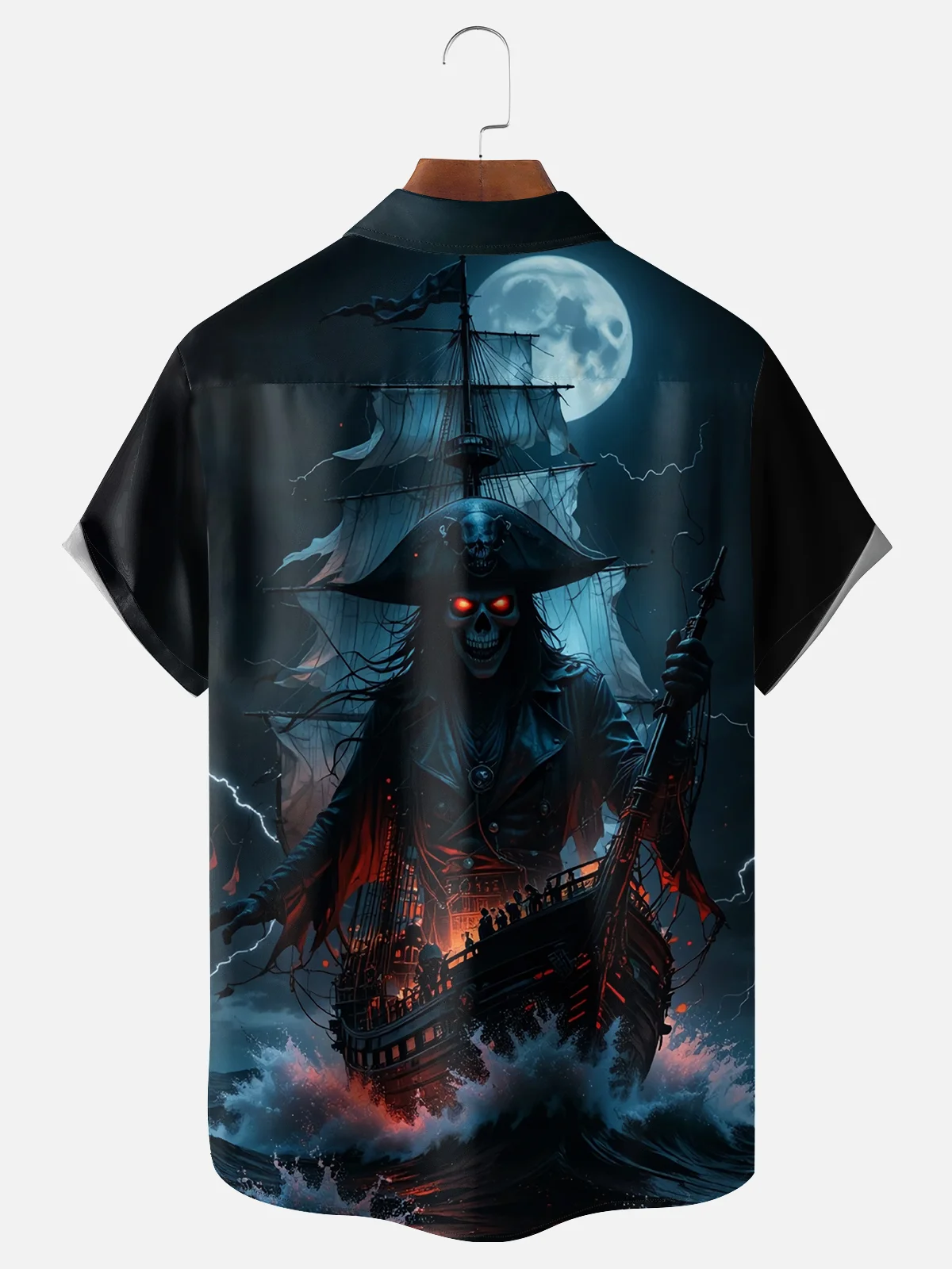 Moisture-wicking Dark Skeleton Pirate Ship Chest Pocket Hawaiian Shirt