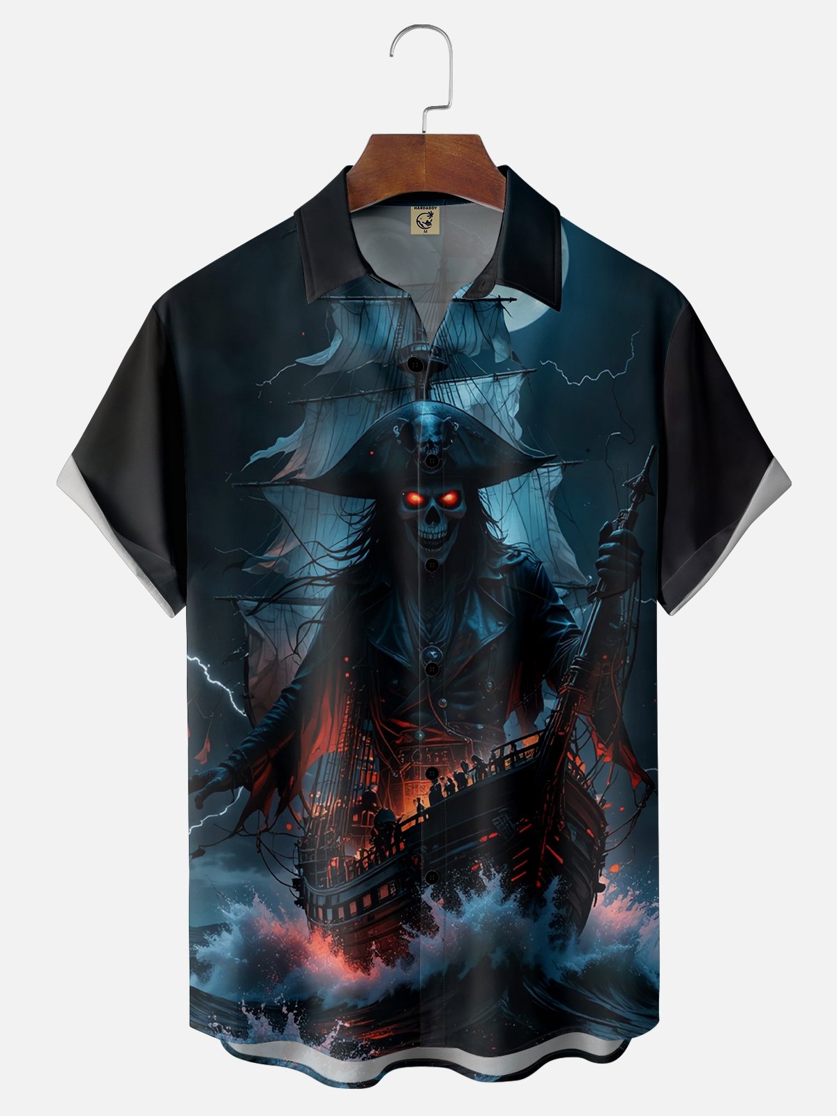 Moisture-wicking Dark Skeleton Pirate Ship Chest Pocket Hawaiian Shirt