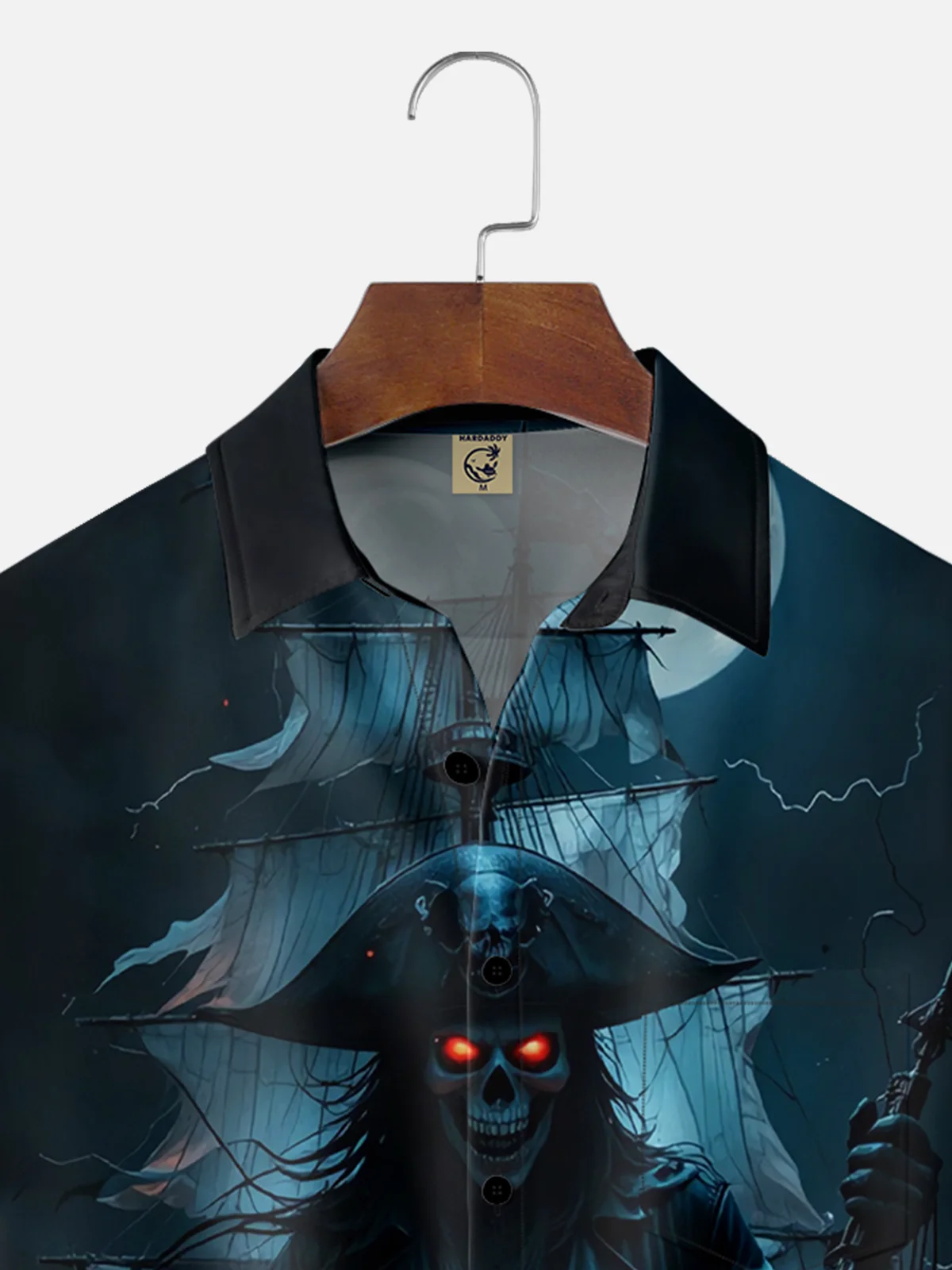 Moisture-wicking Dark Skeleton Pirate Ship Chest Pocket Hawaiian Shirt