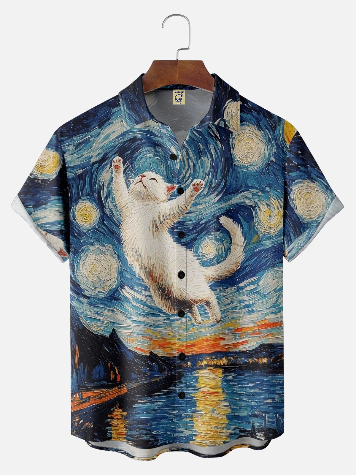 Big Size Moisture-wicking Starry night Cat Chest Pocket Casual Shirt