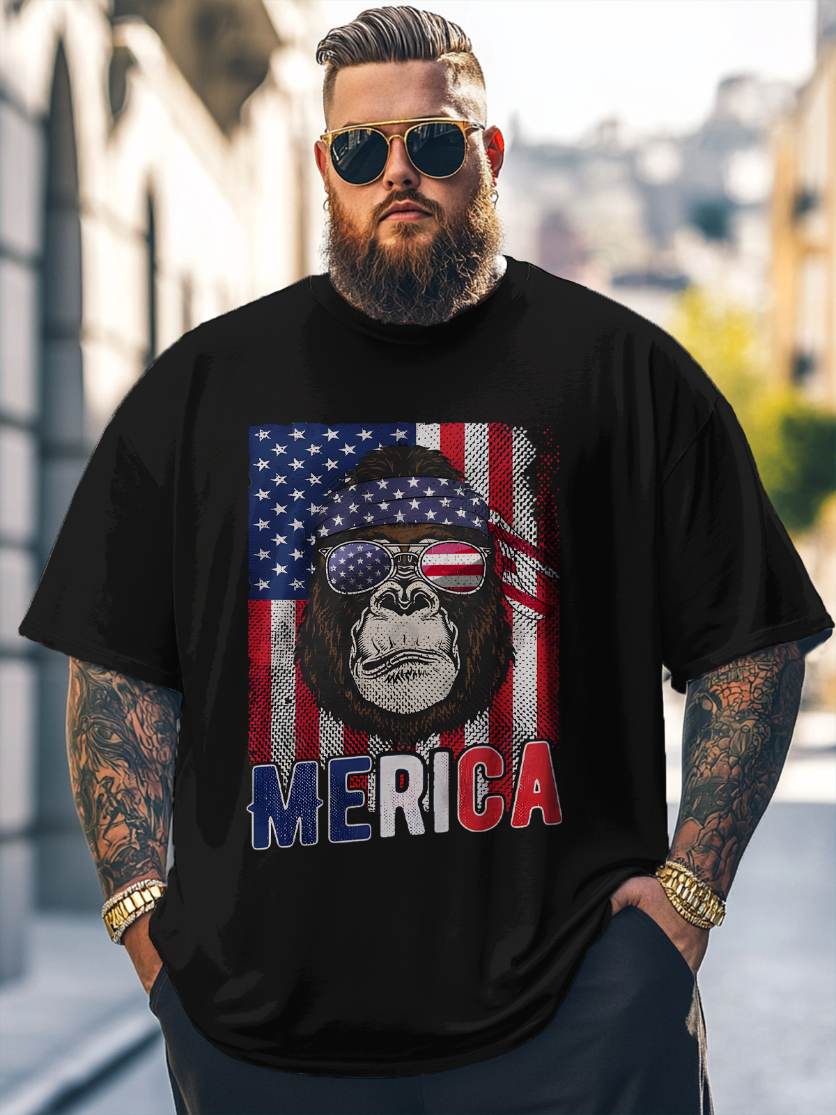 Big Size Men's Ape Man American Flag MERICA Loose T-shirt