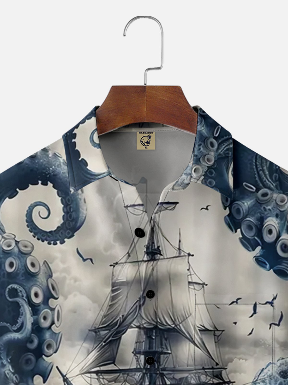 Moisture Wicking Octopus Pirate Ship Chest Pocket Hawaiian Shirt