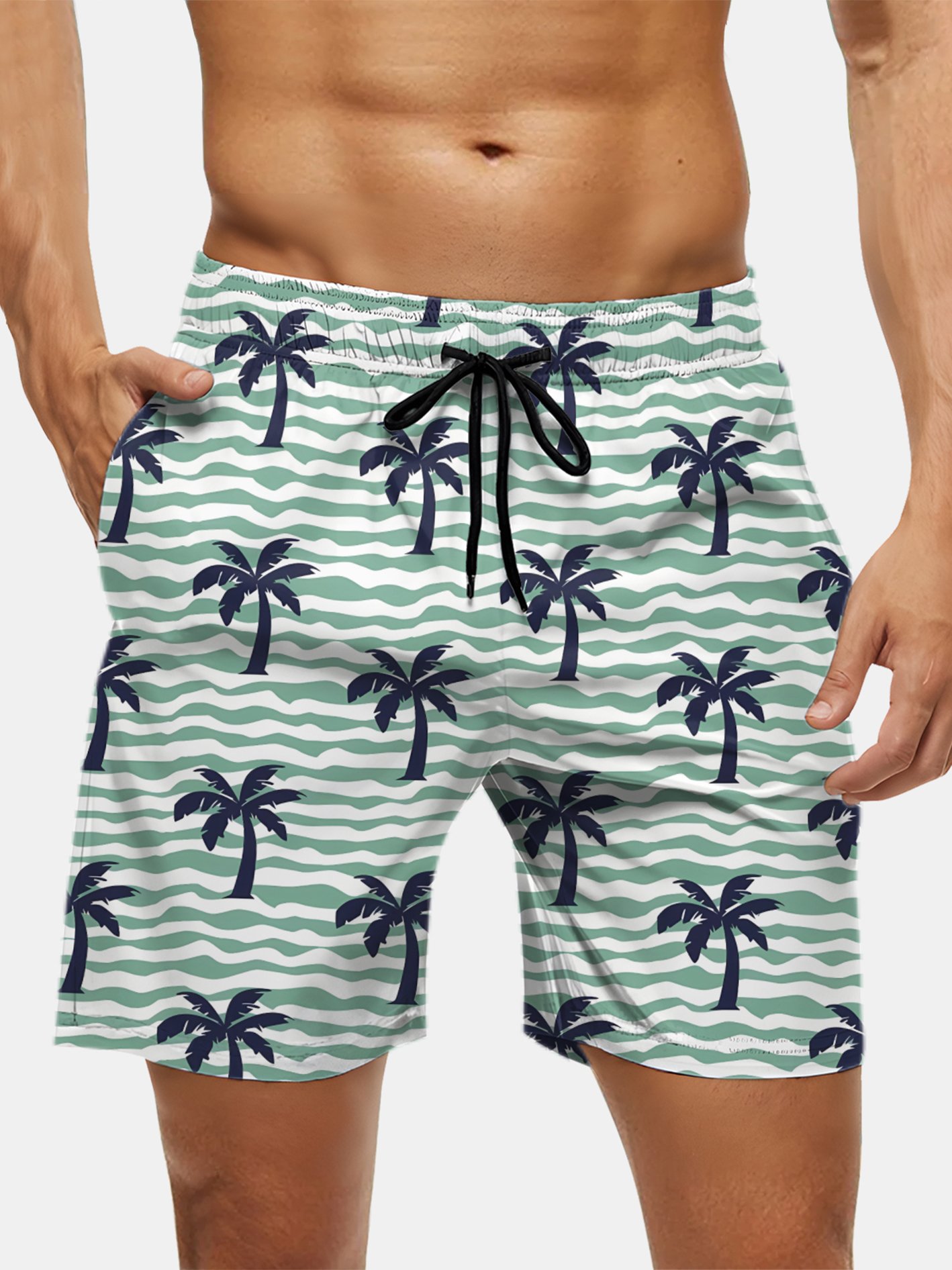 Men's Swim Trunks Hawaiian Tropical Palm Tree Beach Shorts with Pockets