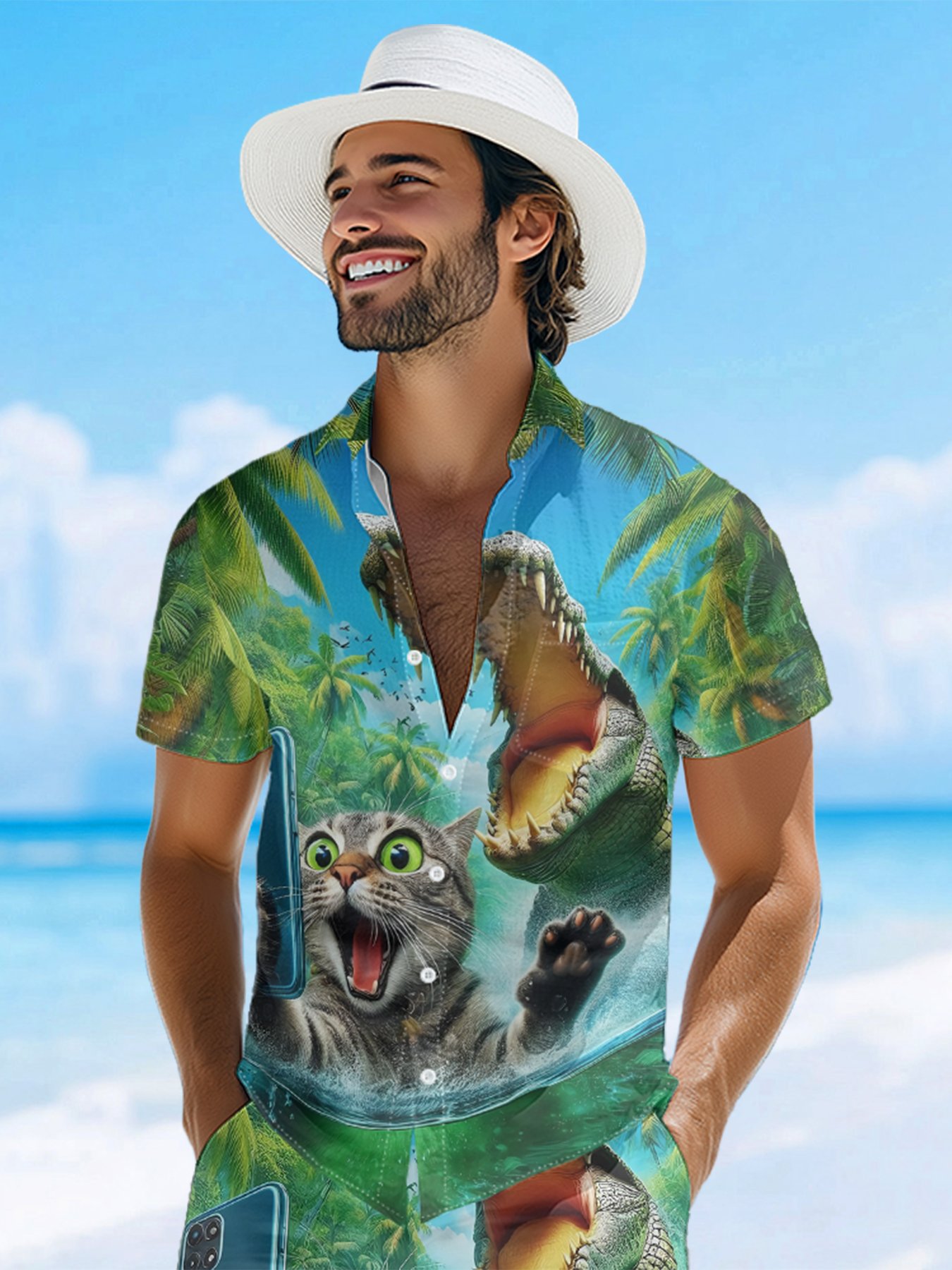 Moisture-wicking Cat Alligator Selfie Chest Pocket Hawaiian Shirt