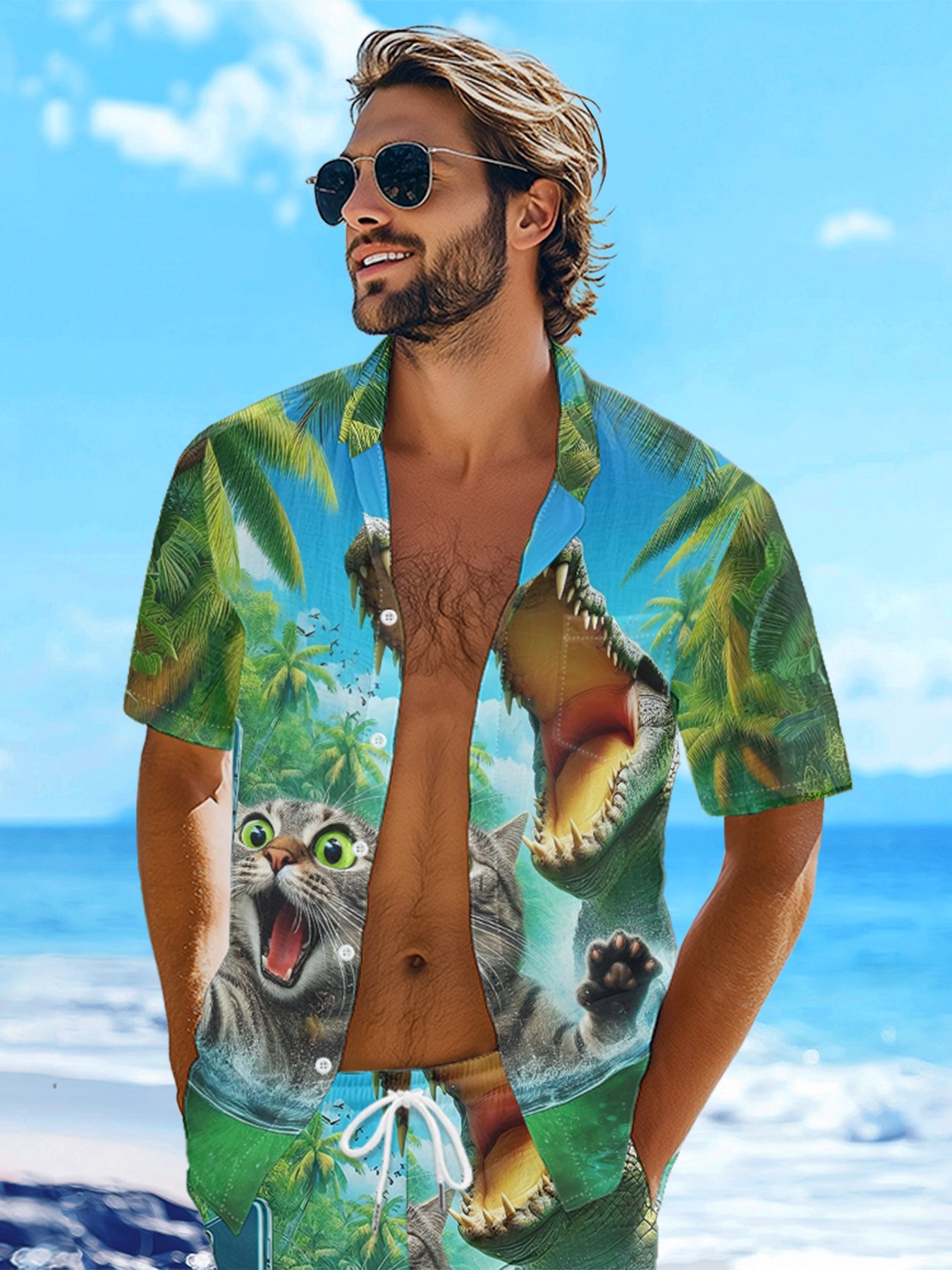 Moisture-wicking Cat Alligator Selfie Chest Pocket Hawaiian Shirt