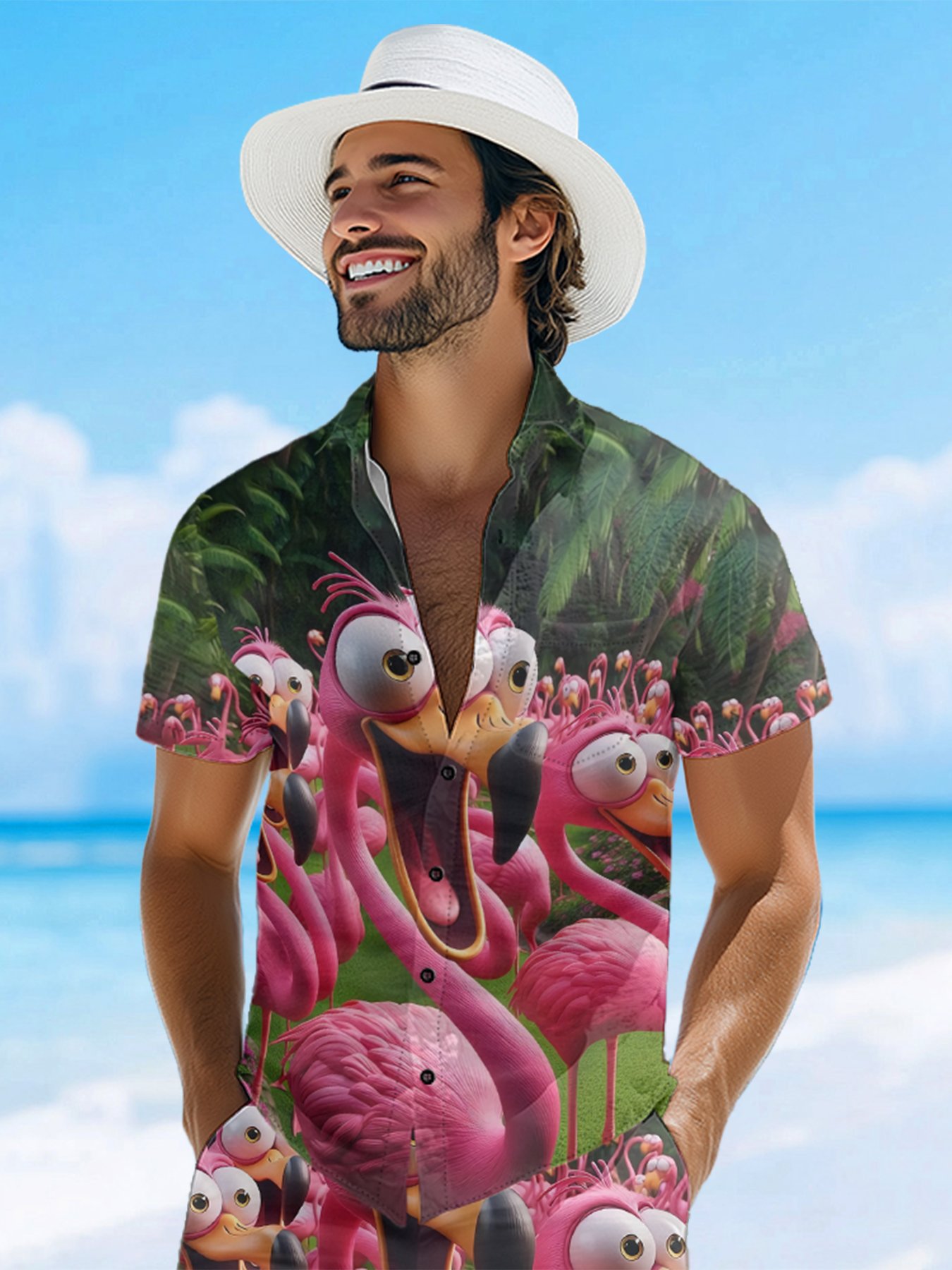 Moisture-wicking Flamingo Funny Shock Art Chest Pocket Hawaiian Shirt