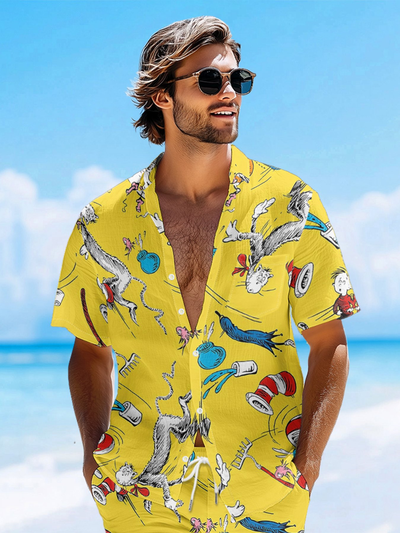 Moisture-wicking Vintage Classic Seuss Art Dr. Chest Pocket Casual Shirt