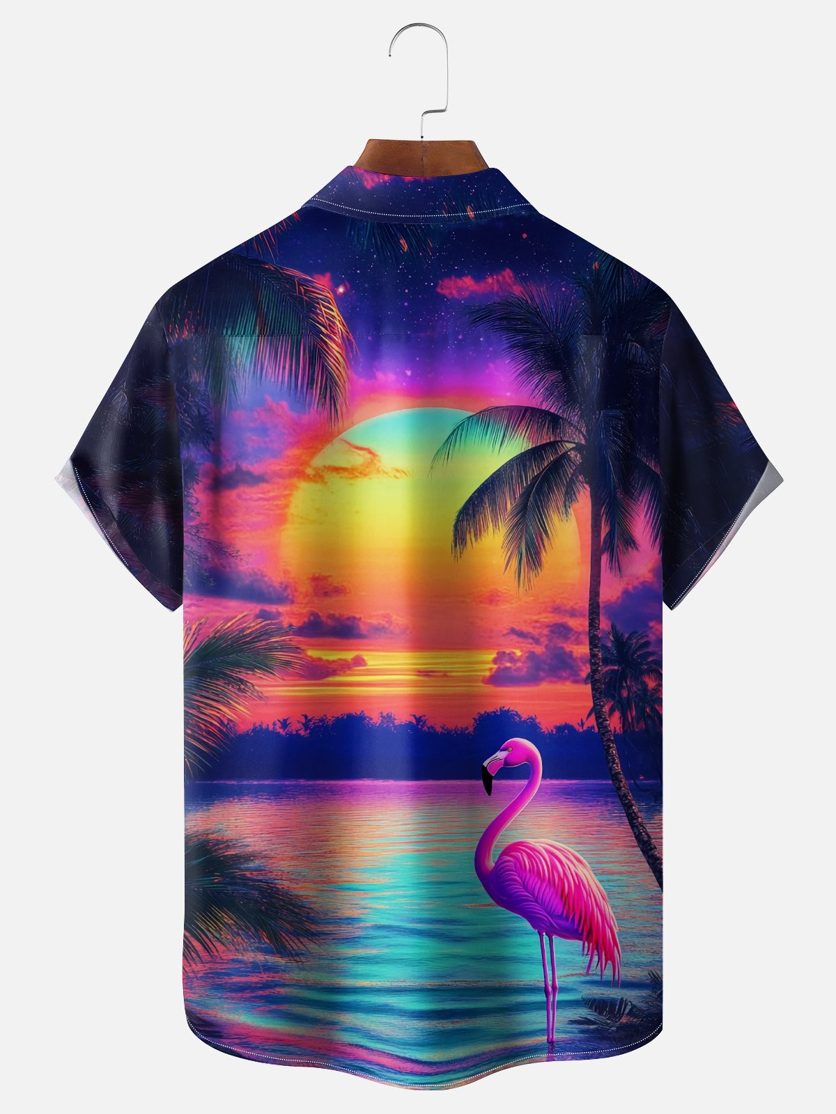 Moisture Wicking Ombre Flamingo Beach Chest Pocket Hawaiian Shirt