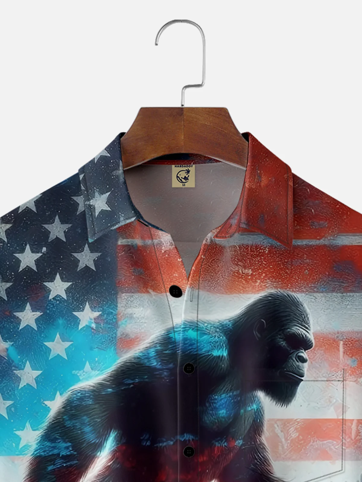 Moisture-wicking American Flag Bigfoot Art Independence Day Chest Pocket Casual Shirt