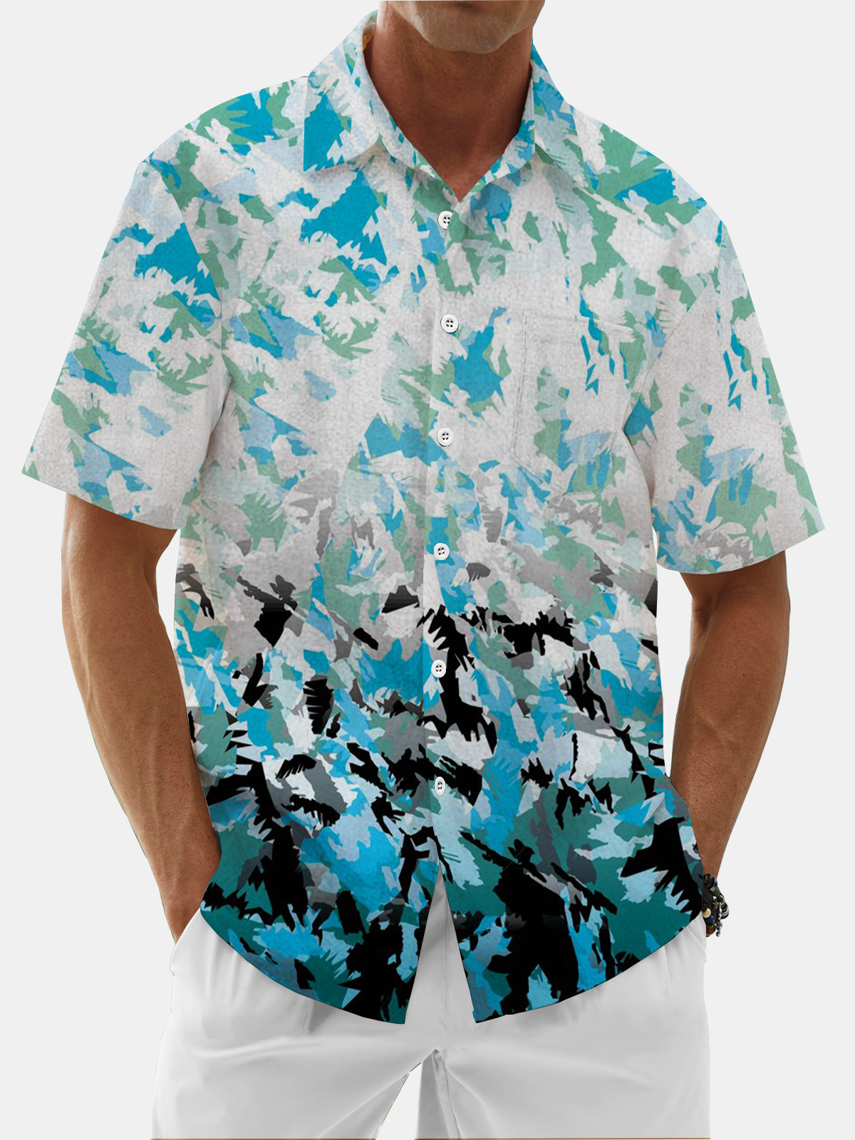 Moisture Wicking Geometric Color Block Chest Pocket Hawaiian Shirt
