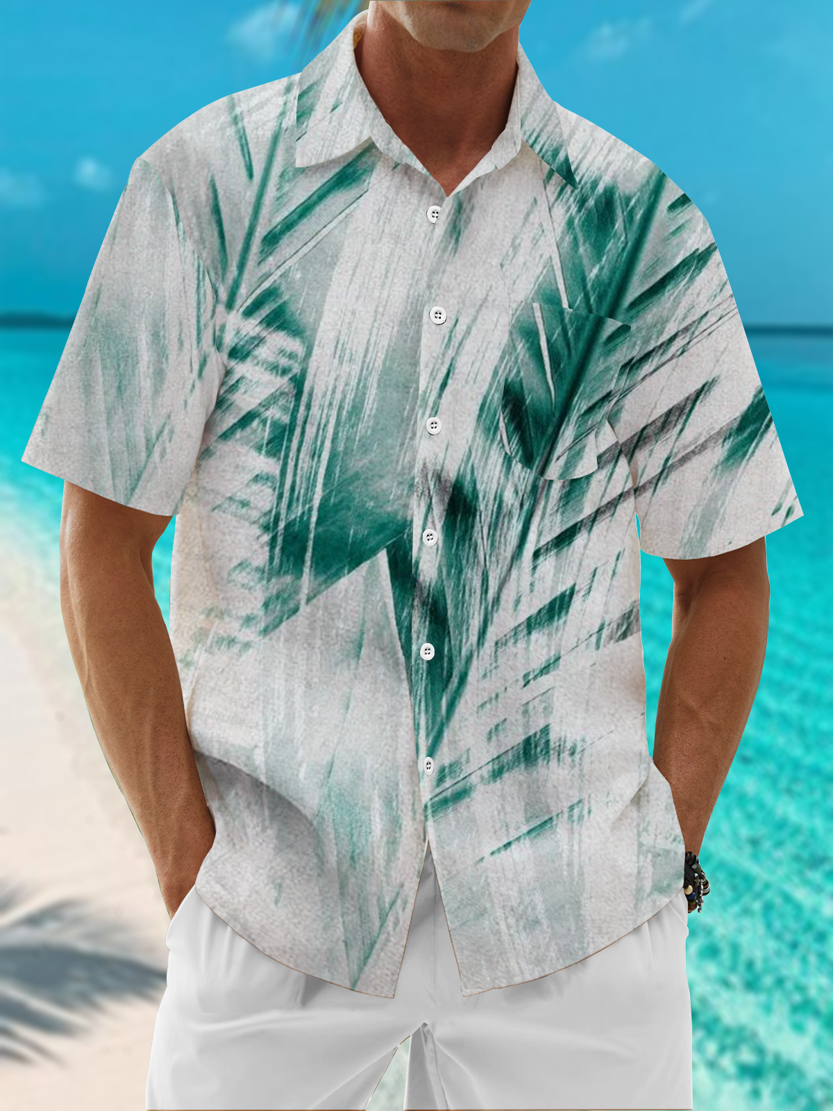 Moisture Wicking Tropical Leaves Chest Pocket Hawaiian Shirt