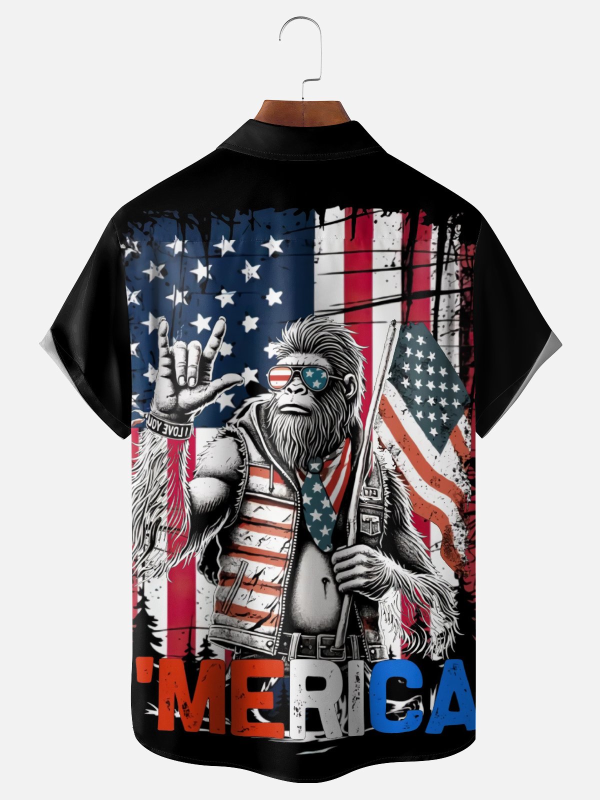 Moisture Wicking American Flag Bigfoot Chest Pocket Hawaiian Shirt