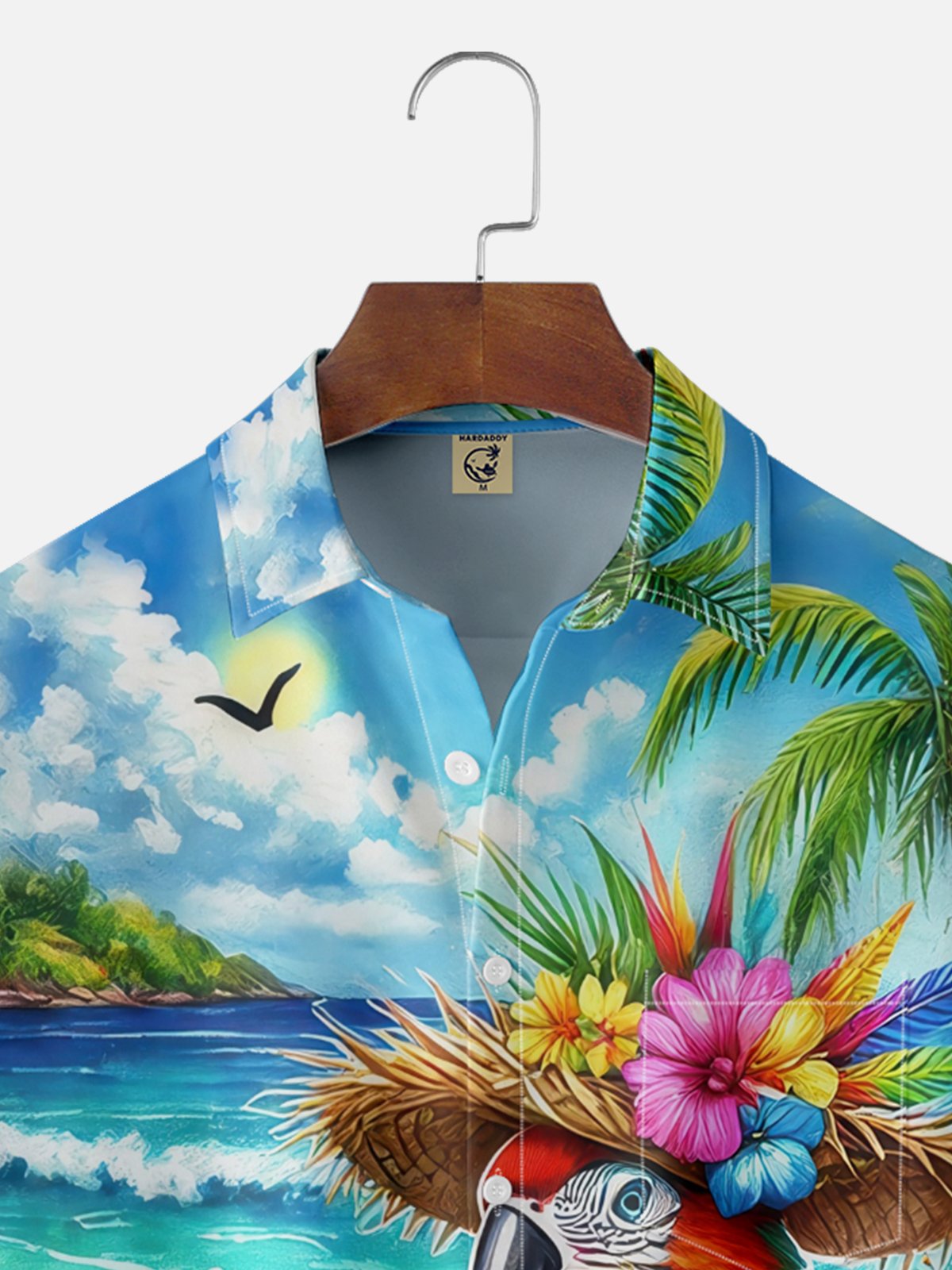 Moisture Wicking Cocktail Parrot Beach Coconut Tree Chest Pocket Hawaiian Shirt