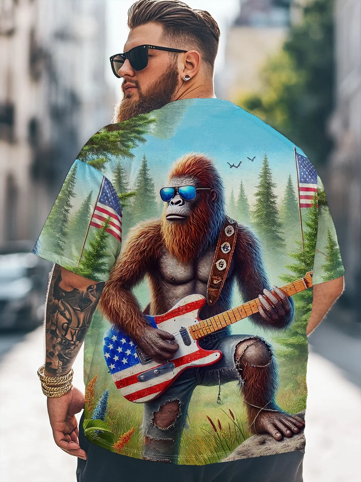 Big Size Men's American Flag Bigfoot Guitar Rock Loose T-shirt