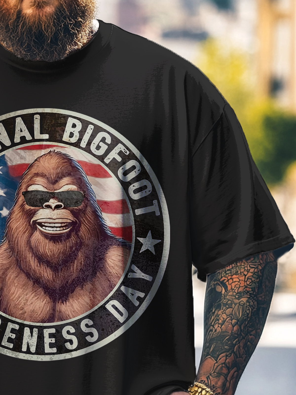 Big Size Men's Bigfoot American Flag Funny Print Loose T-shirt