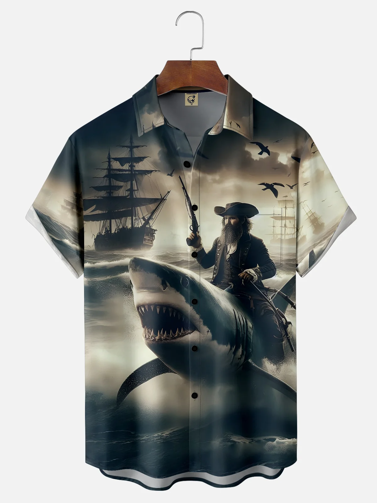Moisture-wicking Shark Pirate Ocean Chest Pocket Hawaiian Shirt