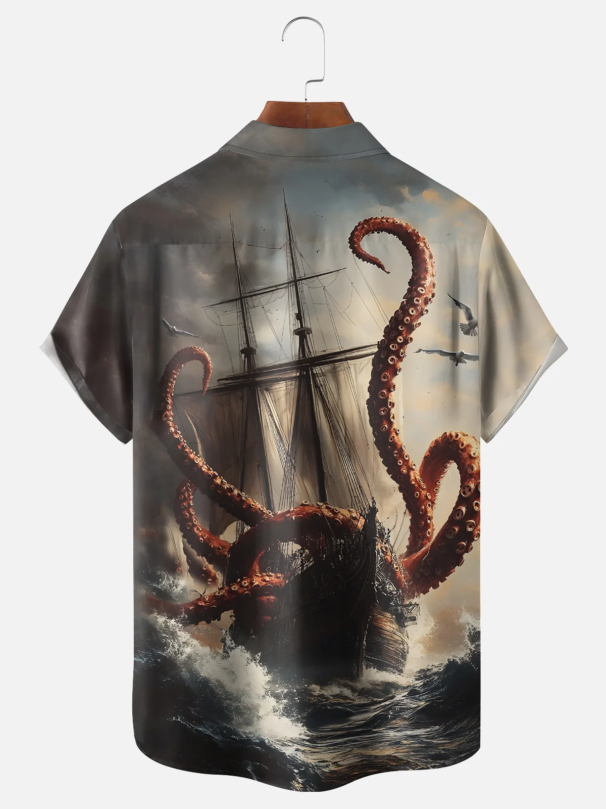 Moisture-wicking Octopus Cthulhu Pirate Chest Pocket Hawaiian Shirt