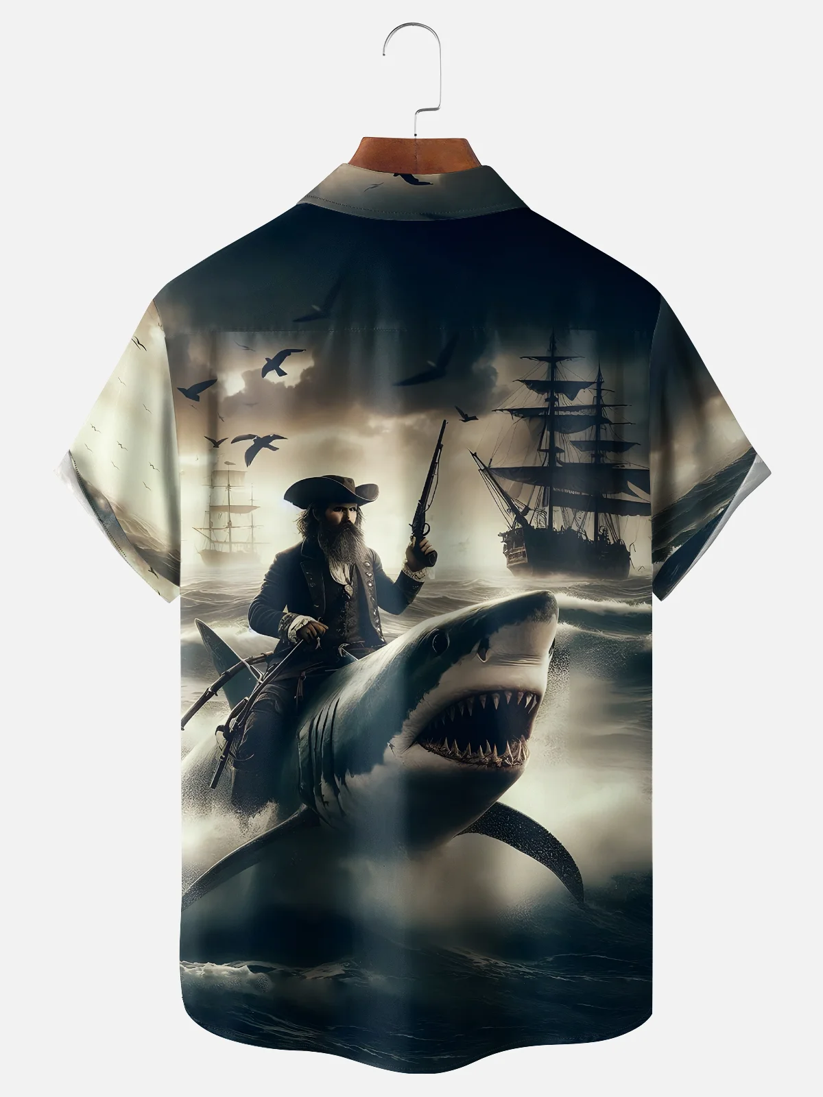 Moisture-wicking Shark Pirate Ocean Chest Pocket Hawaiian Shirt
