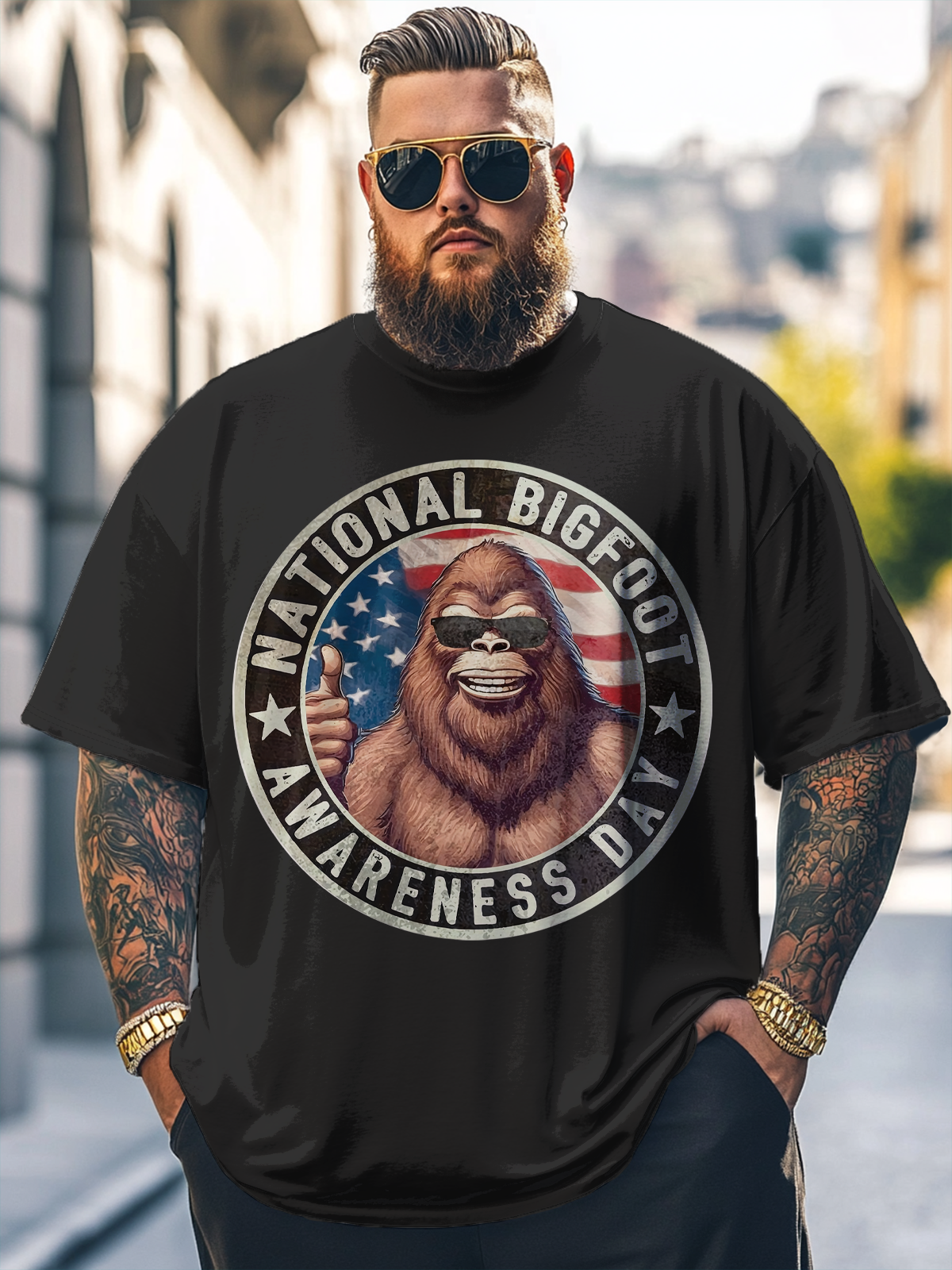 Big Size Men's Bigfoot American Flag Funny Print Loose T-shirt
